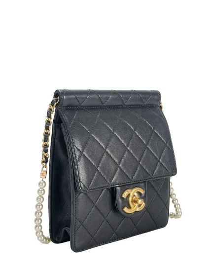 CHANEL - Black Lambskin Rucksack Vertical Pearls Flap Bag