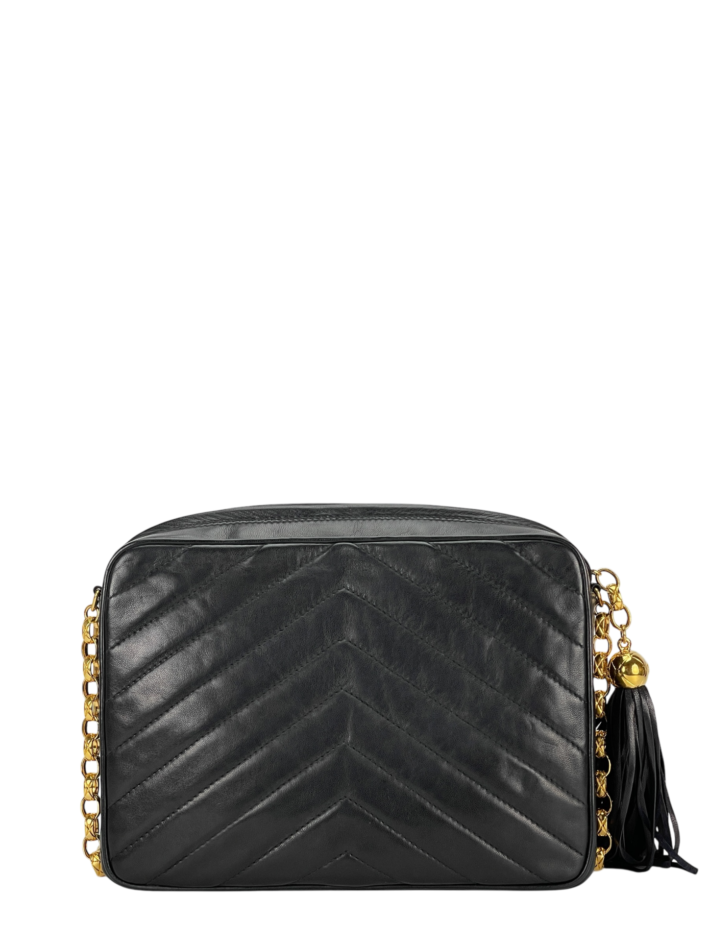 CHANEL - Black Lambskin Chevron Camera Crossbody Bag – Camellia