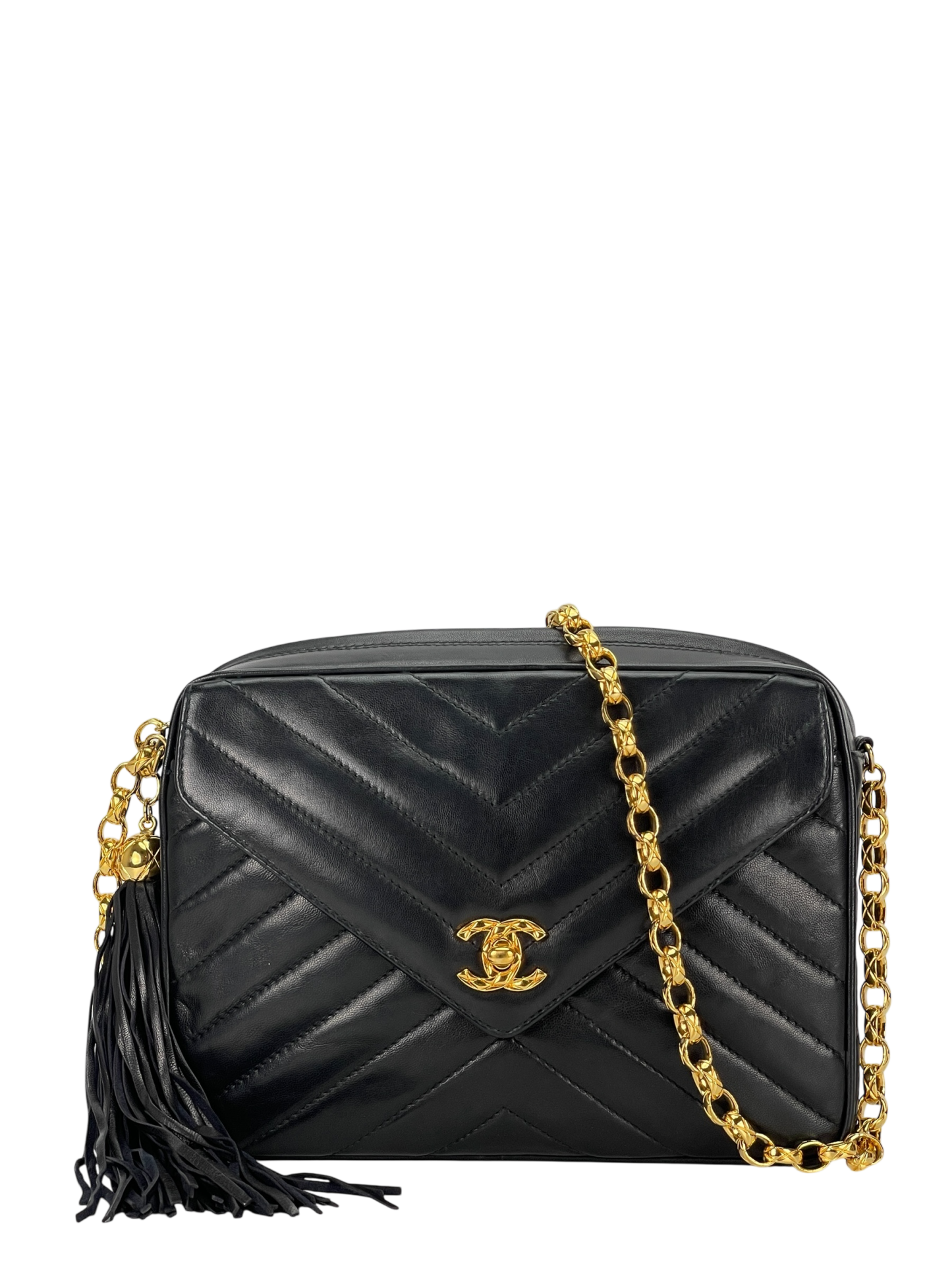 CHANEL - Black Lambskin Chevron Camera Crossbody Bag – Camellia