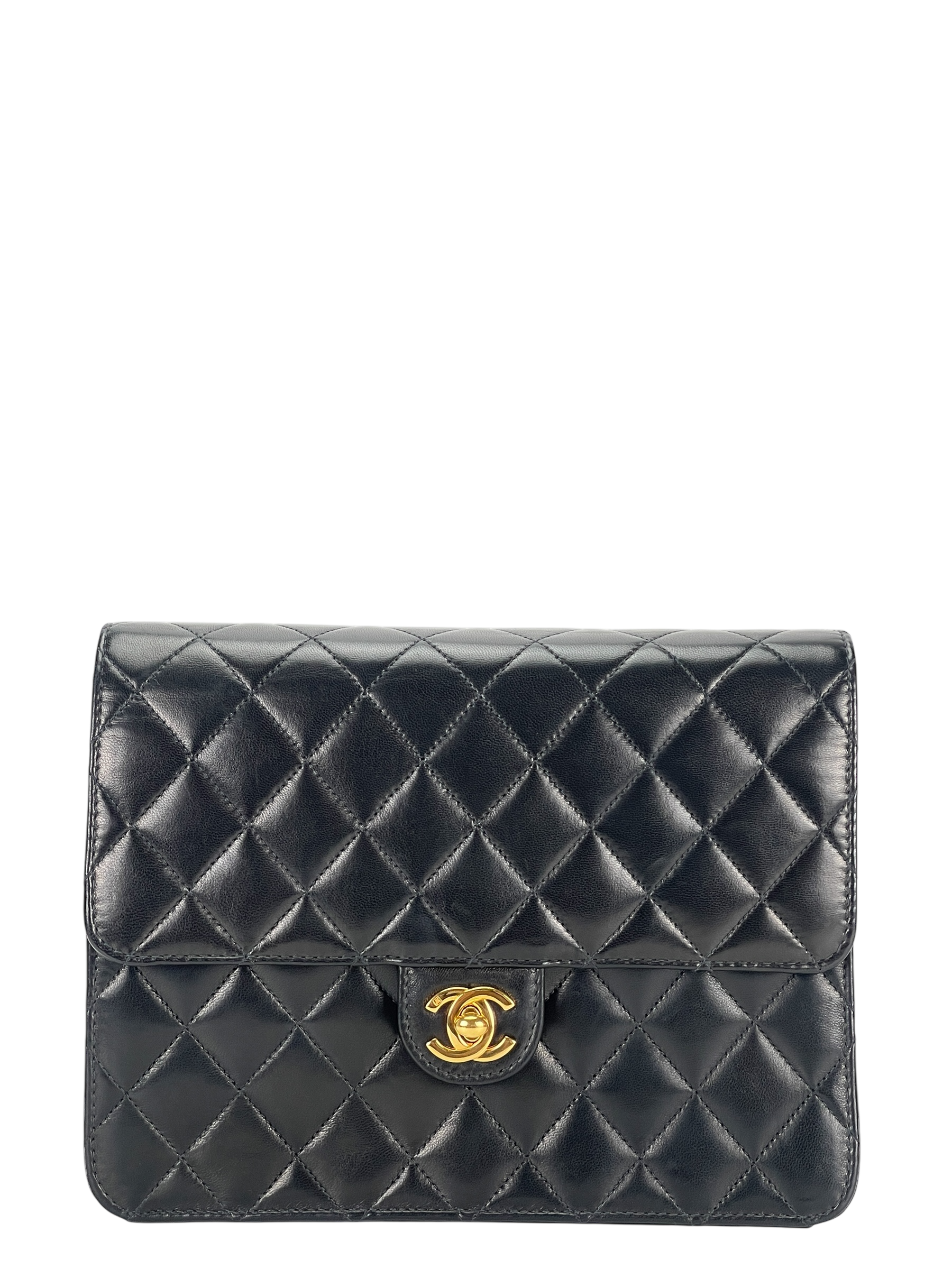 CHANEL - Black Lambskin Matelasse Pushlock Chain Shoulder Bag