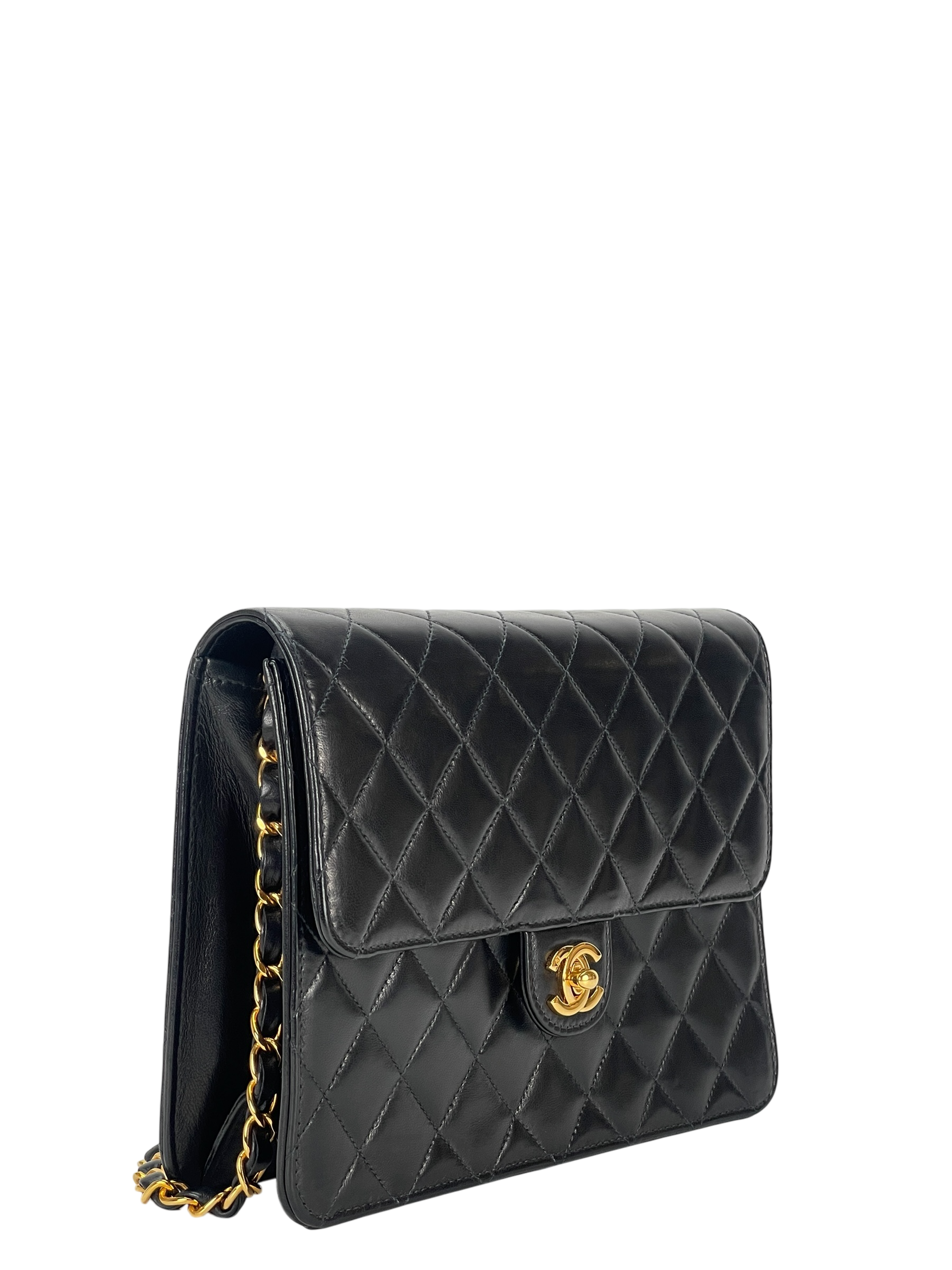 CHANEL - Black Lambskin Matelasse Pushlock Chain Shoulder Bag