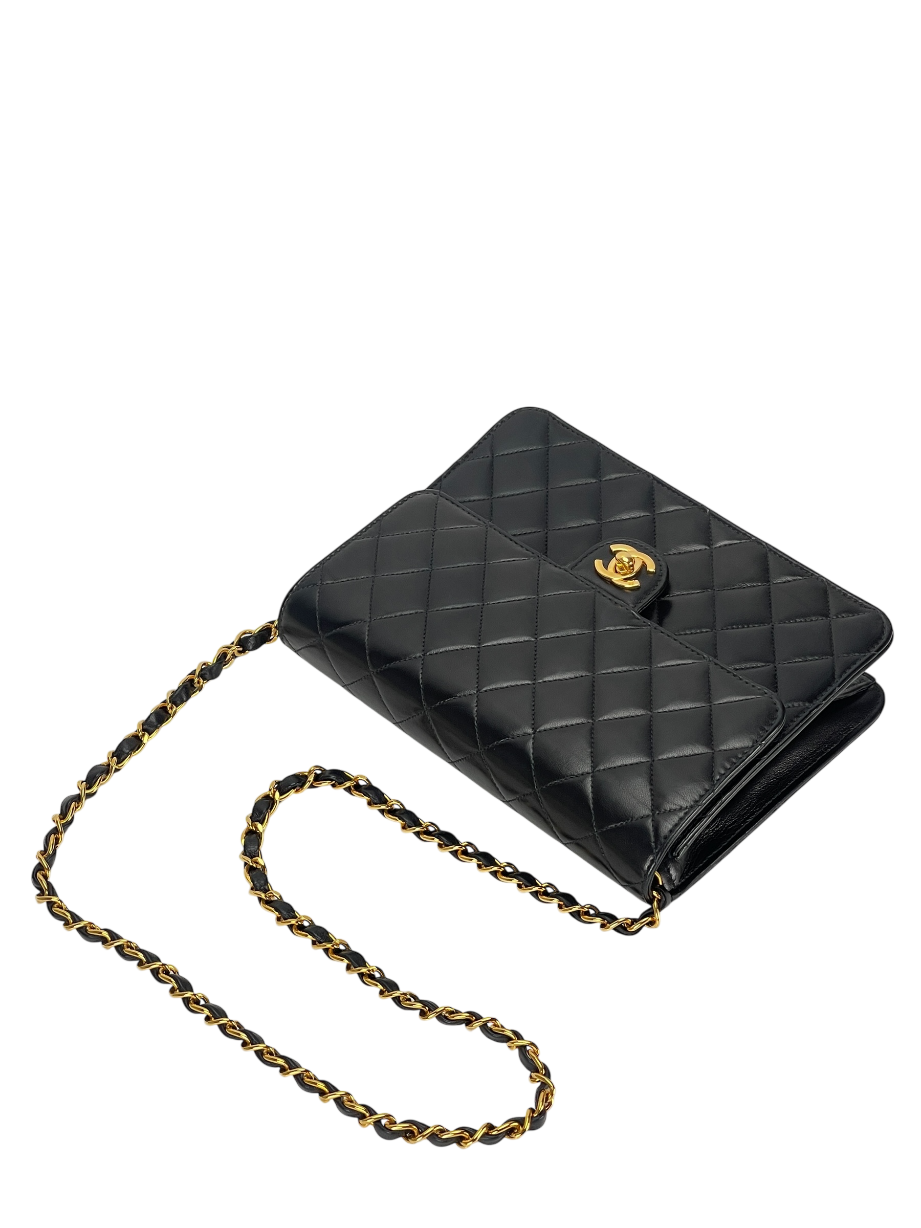 CHANEL - Black Lambskin Matelasse Pushlock Chain Shoulder Bag