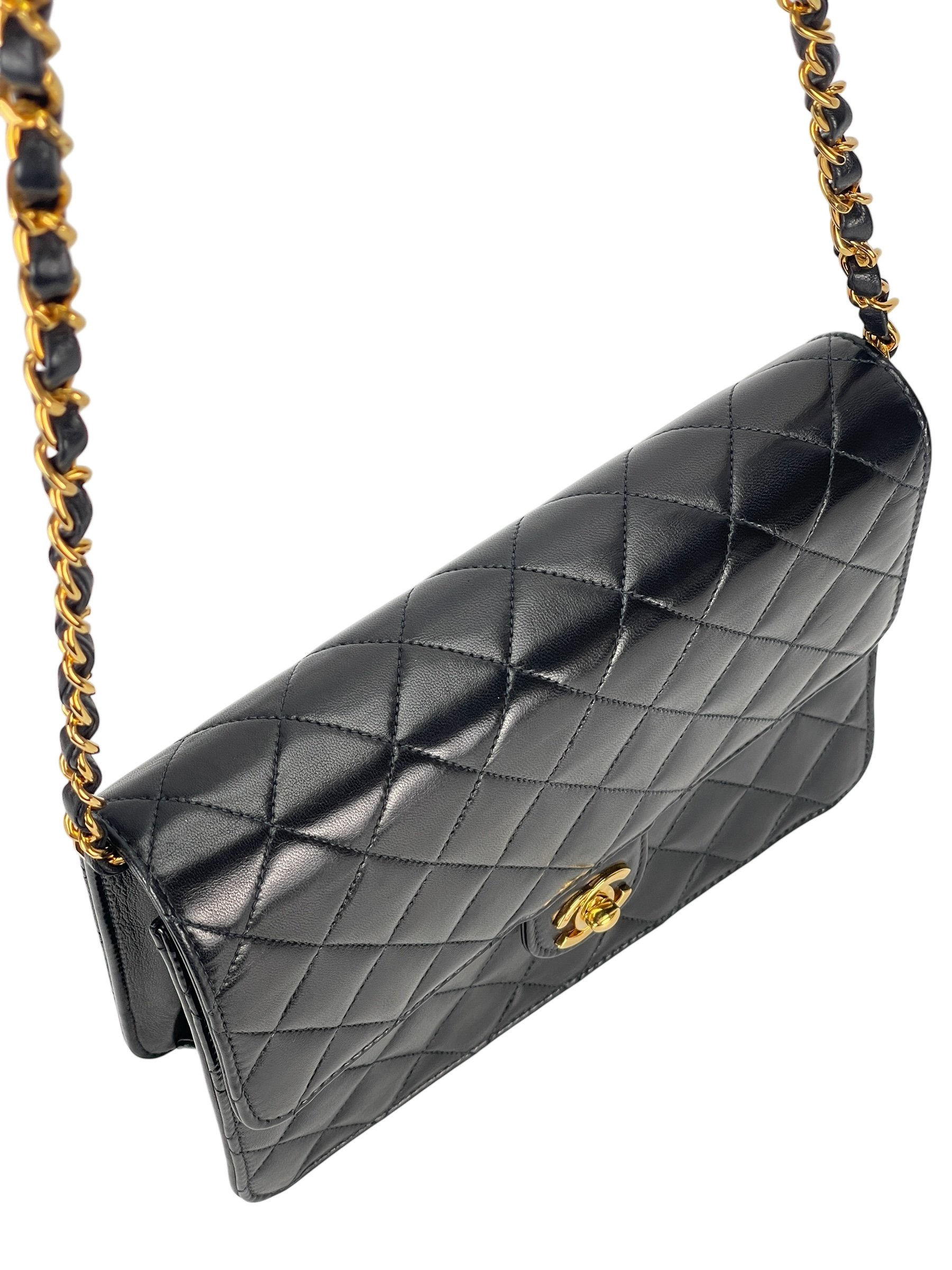 CHANEL - Black Lambskin Matelasse Pushlock Chain Shoulder Bag