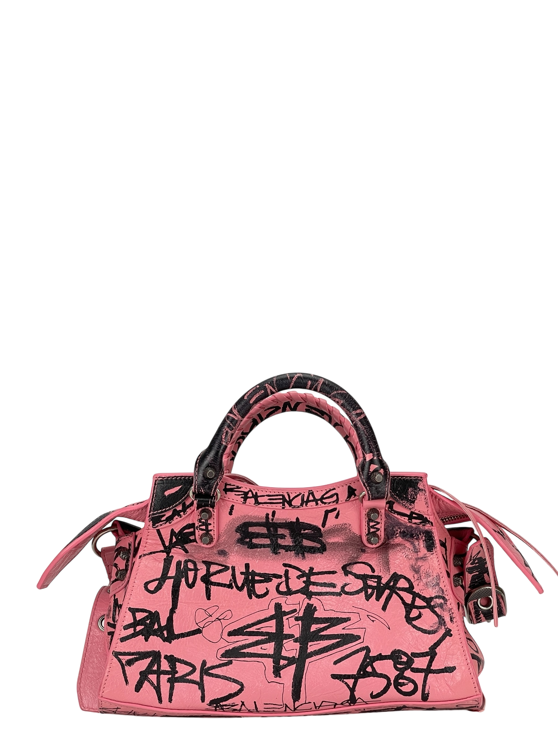 BALENCIAGA - Pink Calfskin Neo Cagoule Graffiti XS Bag