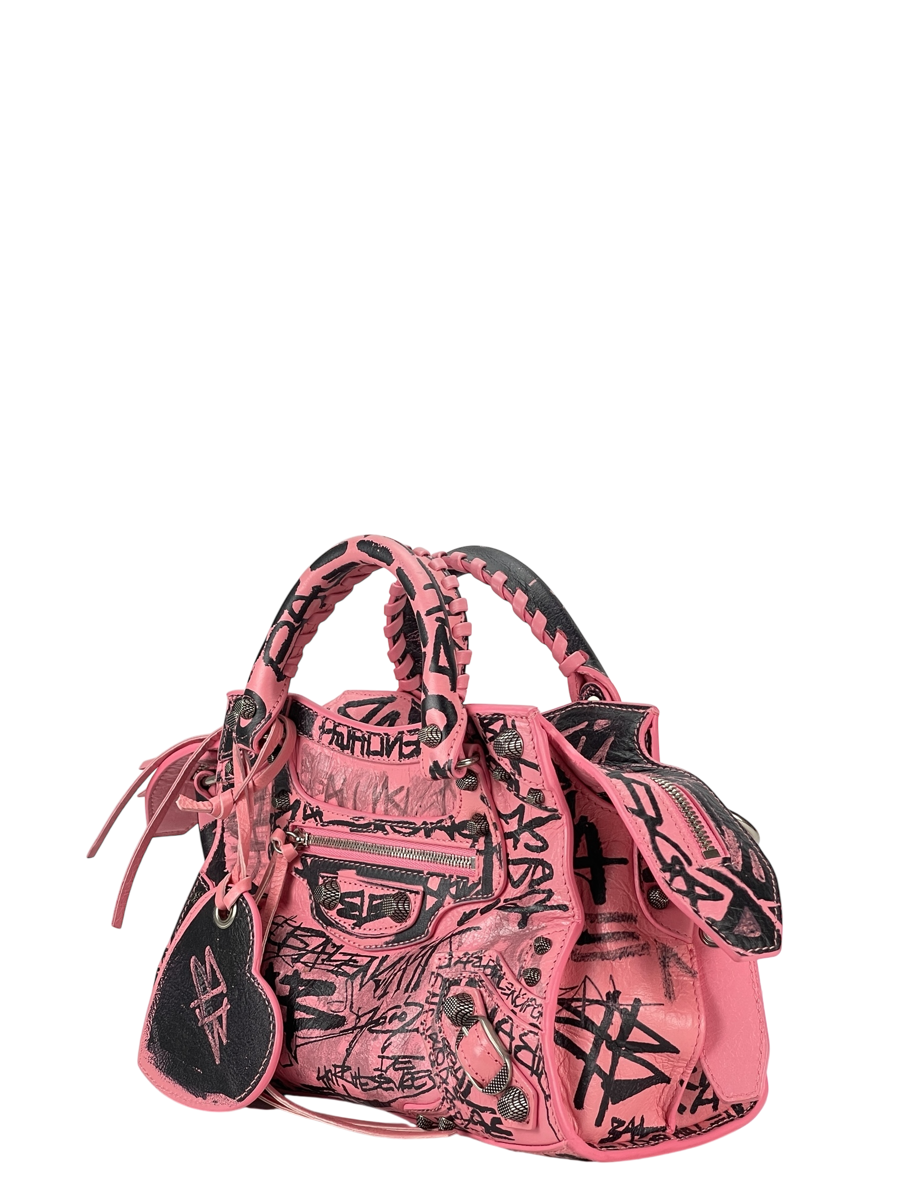 BALENCIAGA - Pink Calfskin Neo Cagoule Graffiti XS Bag