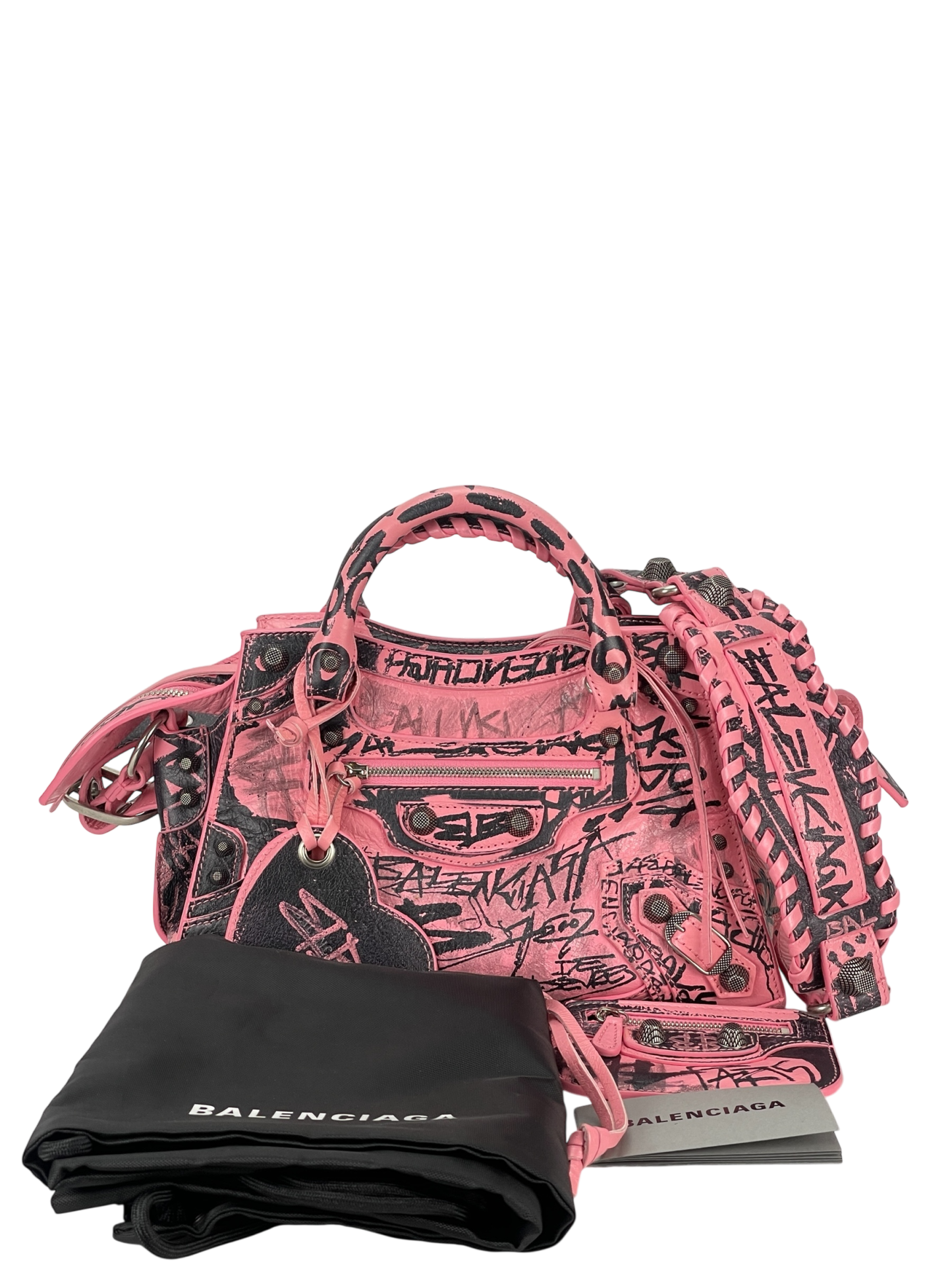 BALENCIAGA - Pink Calfskin Neo Cagoule Graffiti XS Bag