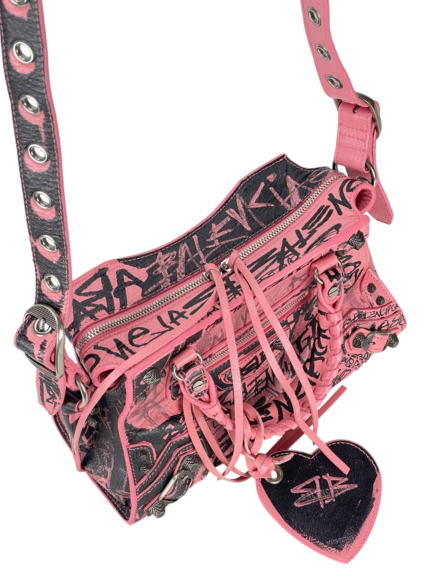 BALENCIAGA - Pink Calfskin Neo Cagoule Graffiti XS Bag