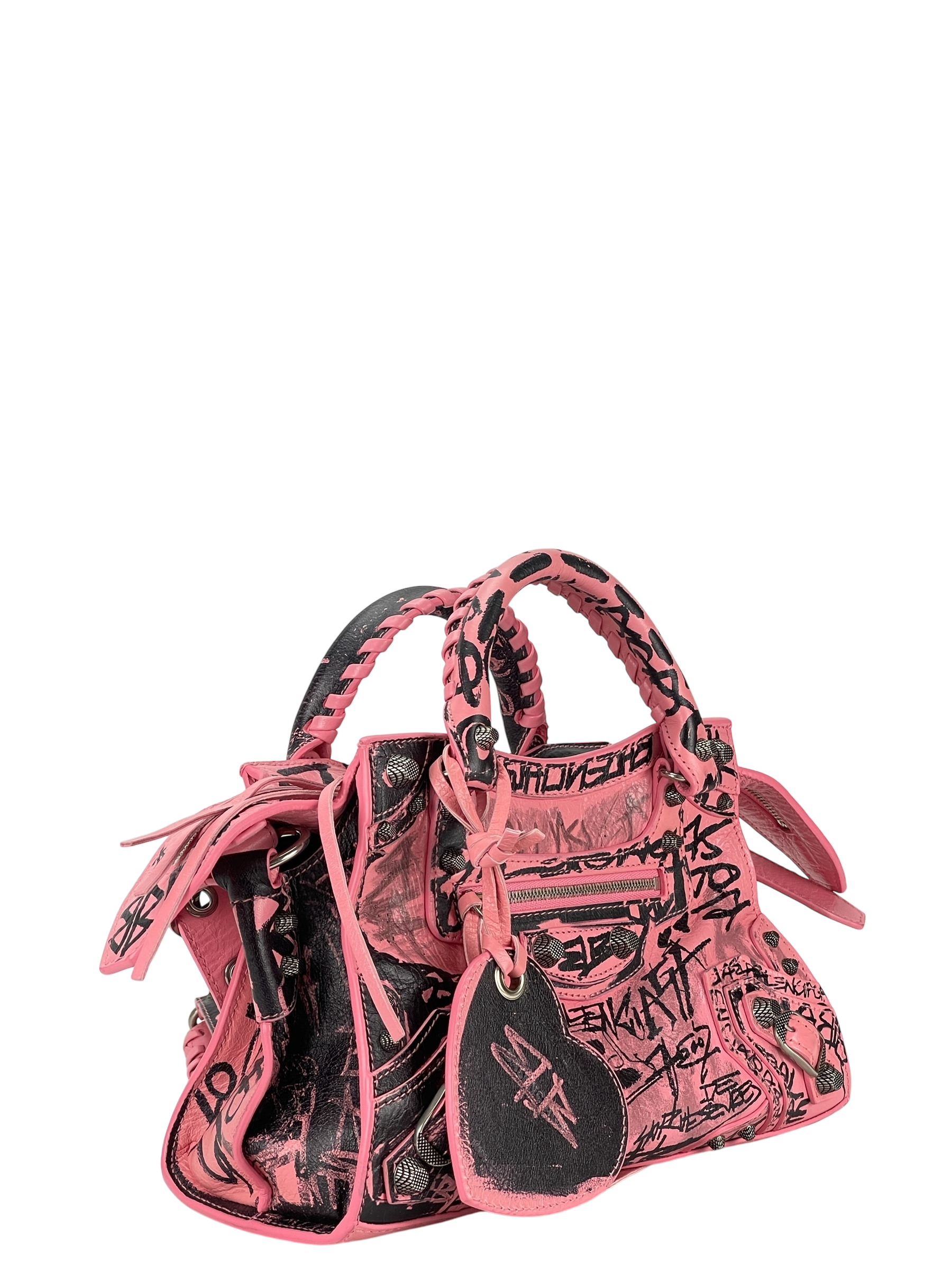 BALENCIAGA - Pink Calfskin Neo Cagoule Graffiti XS Bag