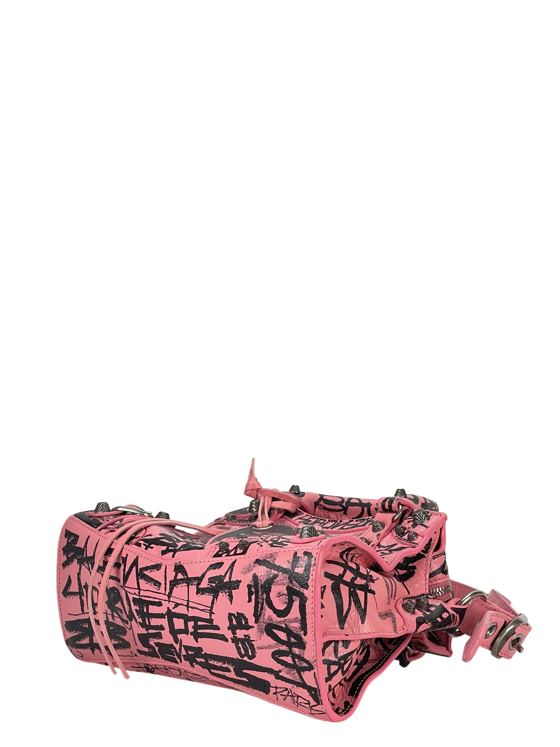 BALENCIAGA - Pink Calfskin Neo Cagoule Graffiti XS Bag