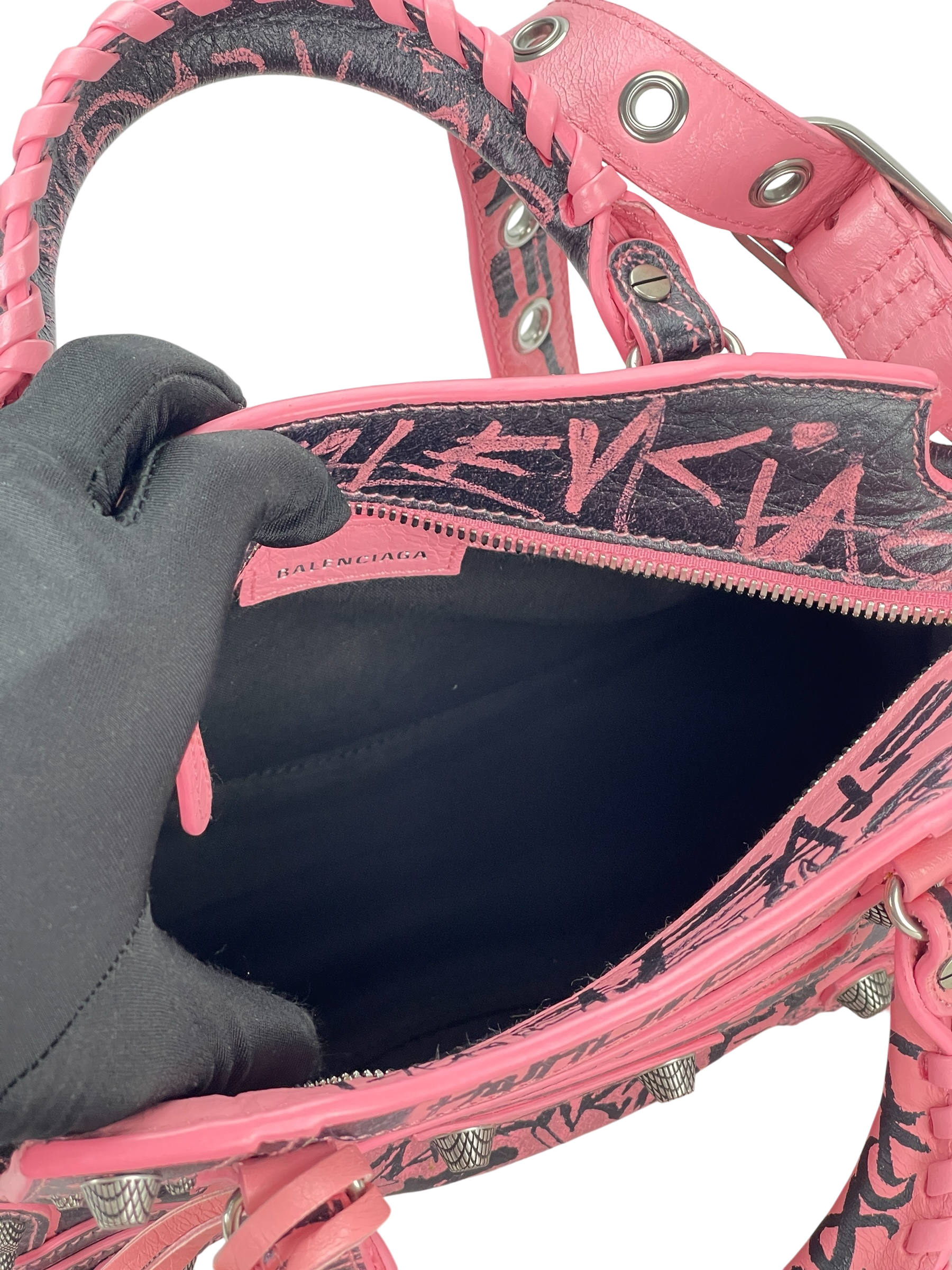 BALENCIAGA - Pink Calfskin Neo Cagoule Graffiti XS Bag
