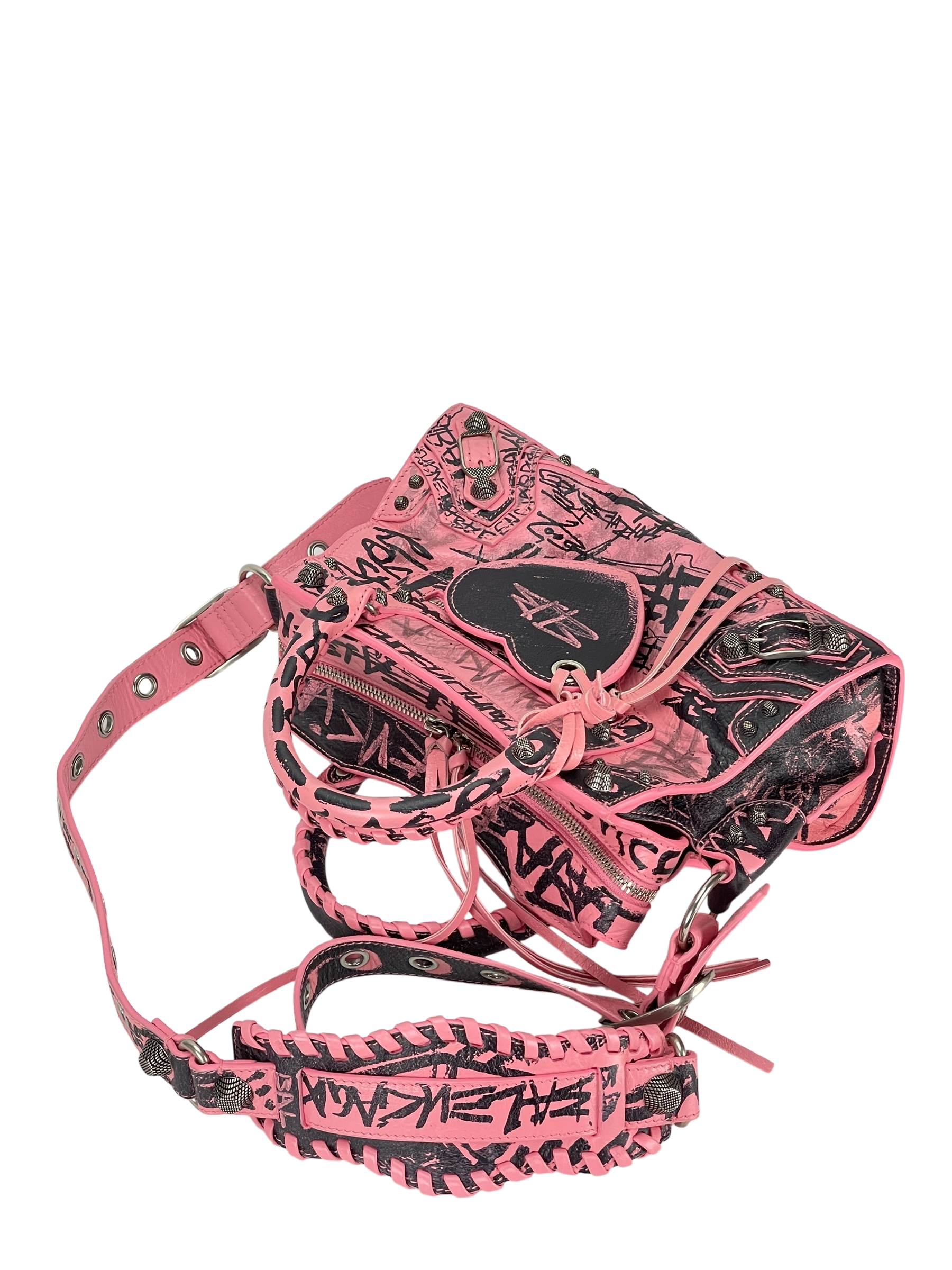 BALENCIAGA - Pink Calfskin Neo Cagoule Graffiti XS Bag