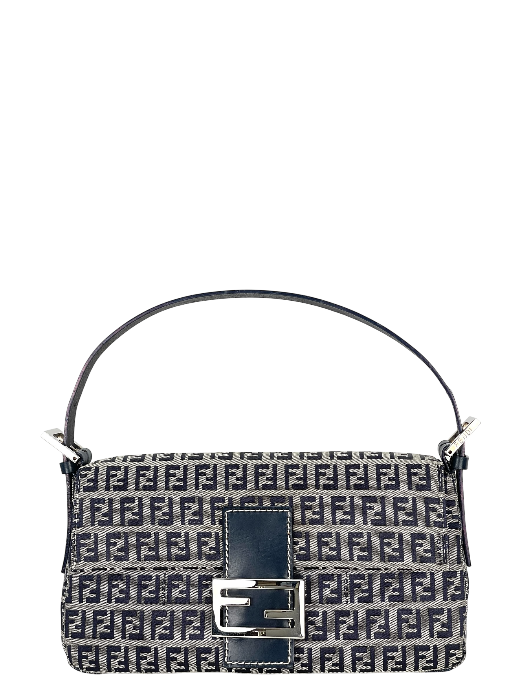 FENDI - Small Navy Canvas Zucchino Mamma Baguette Palladium Hardware
