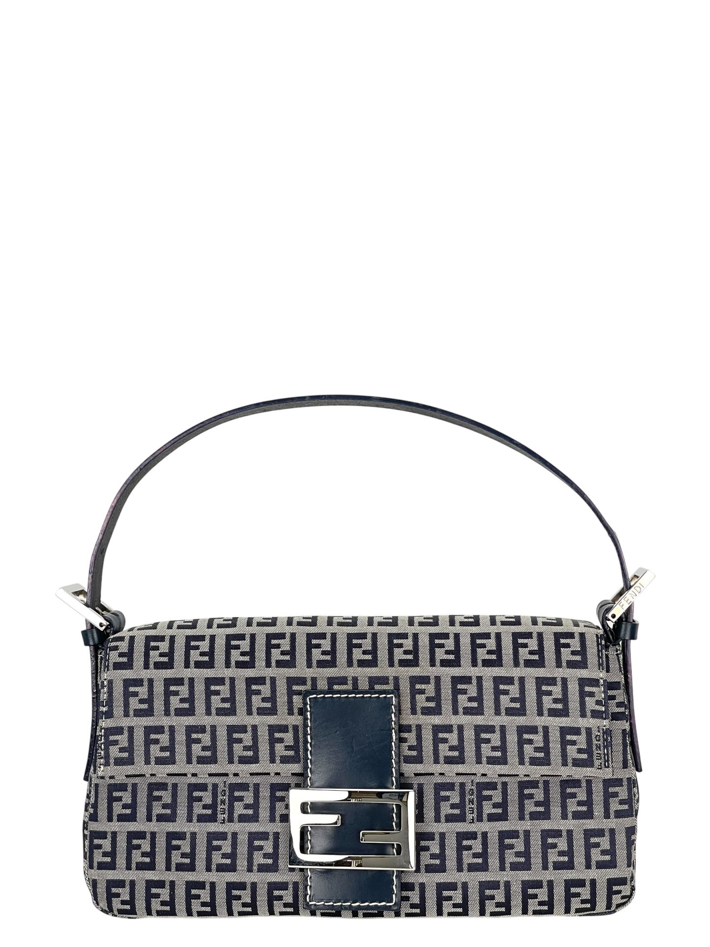 FENDI - Small Navy Canvas Zucchino Mamma Baguette Palladium Hardware