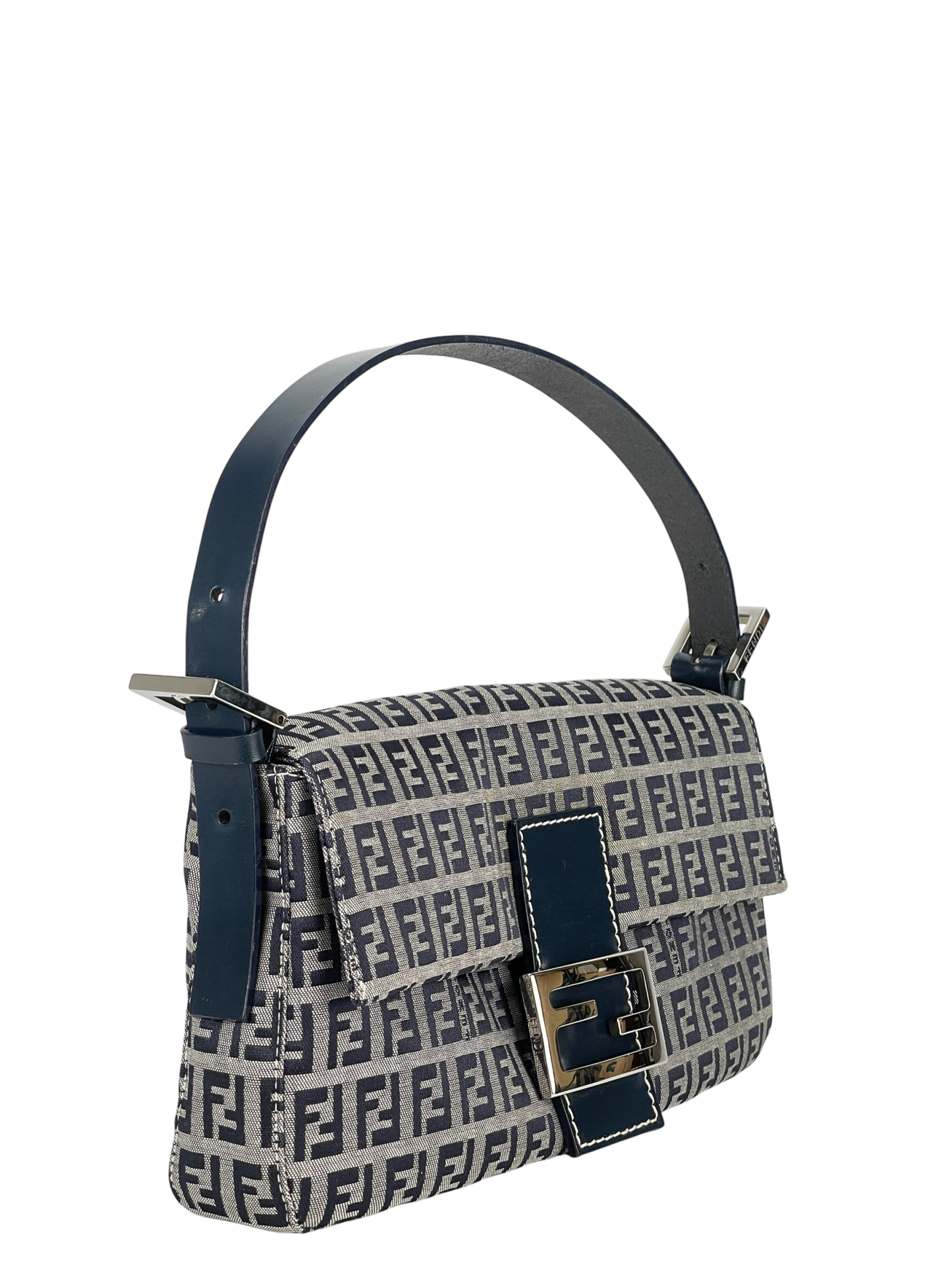 FENDI - Small Navy Canvas Zucchino Mamma Baguette Palladium Hardware