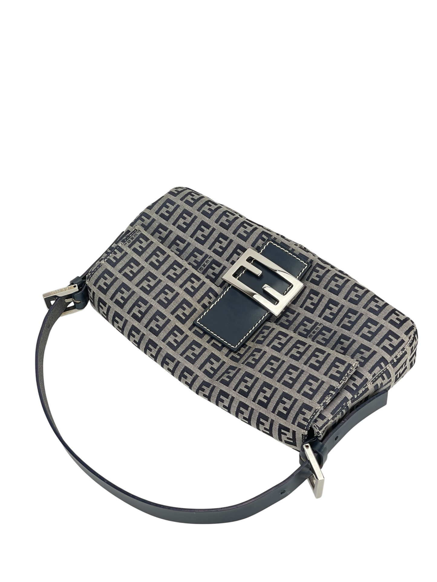 FENDI - Small Navy Canvas Zucchino Mamma Baguette Palladium Hardware