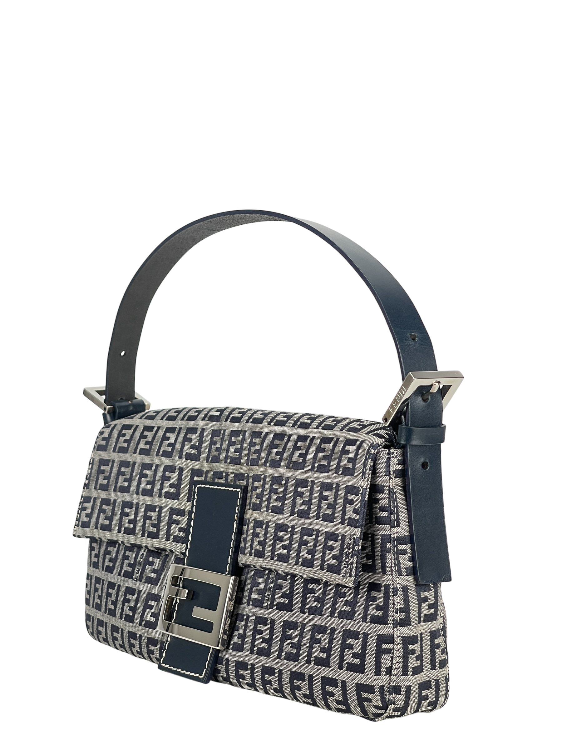 FENDI - Small Navy Canvas Zucchino Mamma Baguette Palladium Hardware