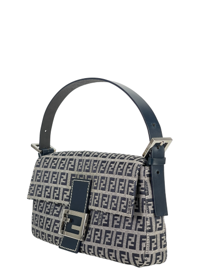 FENDI - Small Navy Canvas Zucchino Mamma Baguette Palladium Hardware