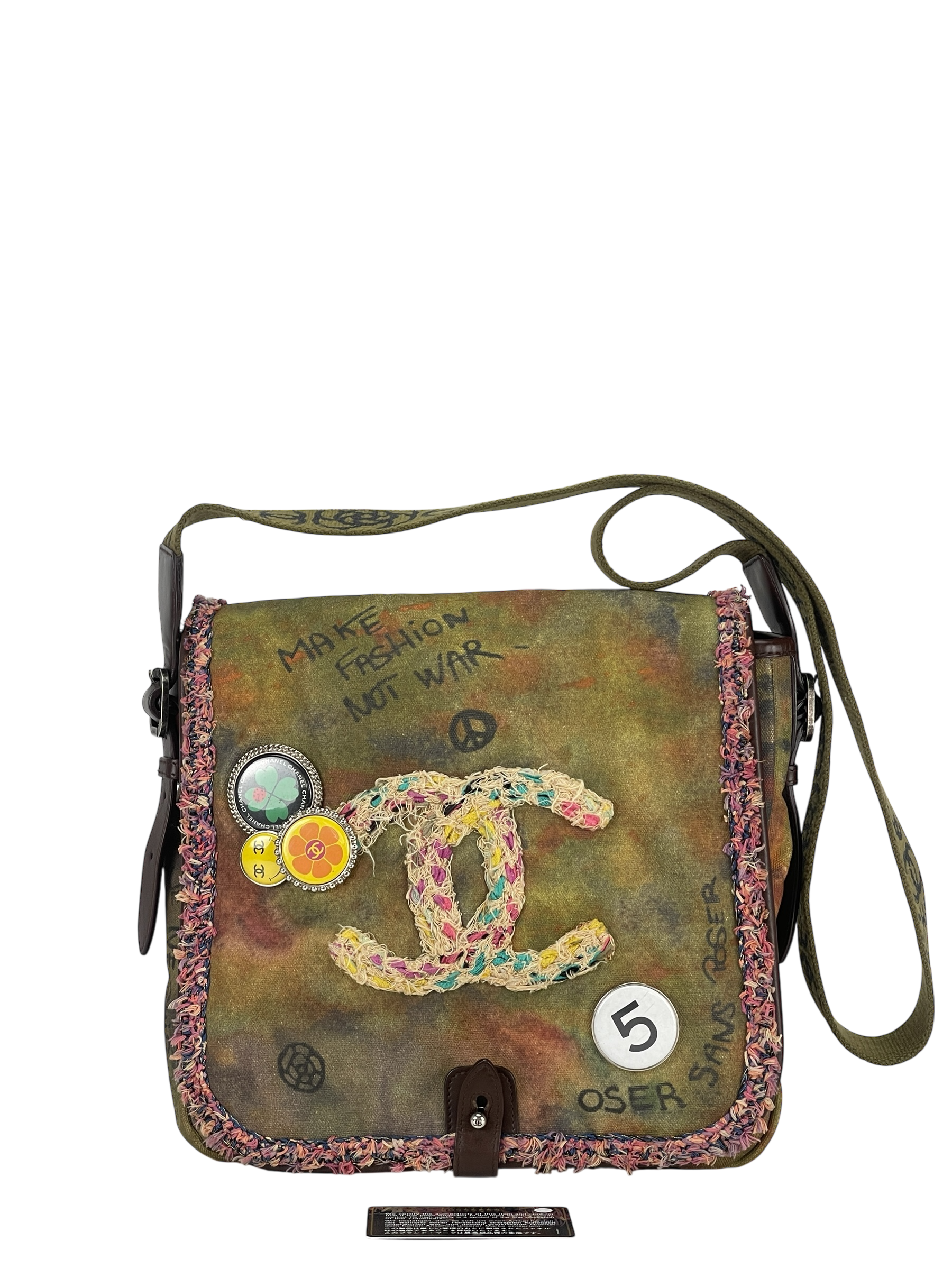 CHANEL - Khaki Green Canvas Graffiti On Messenger Bag Small