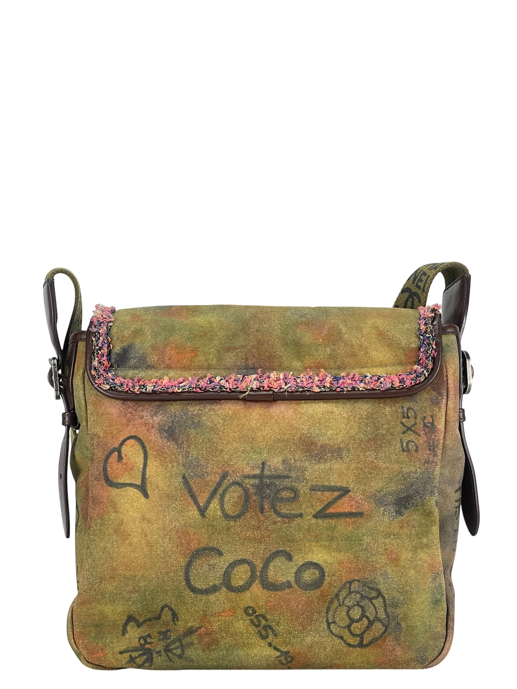 CHANEL - Khaki Green Canvas Graffiti On Messenger Bag Small