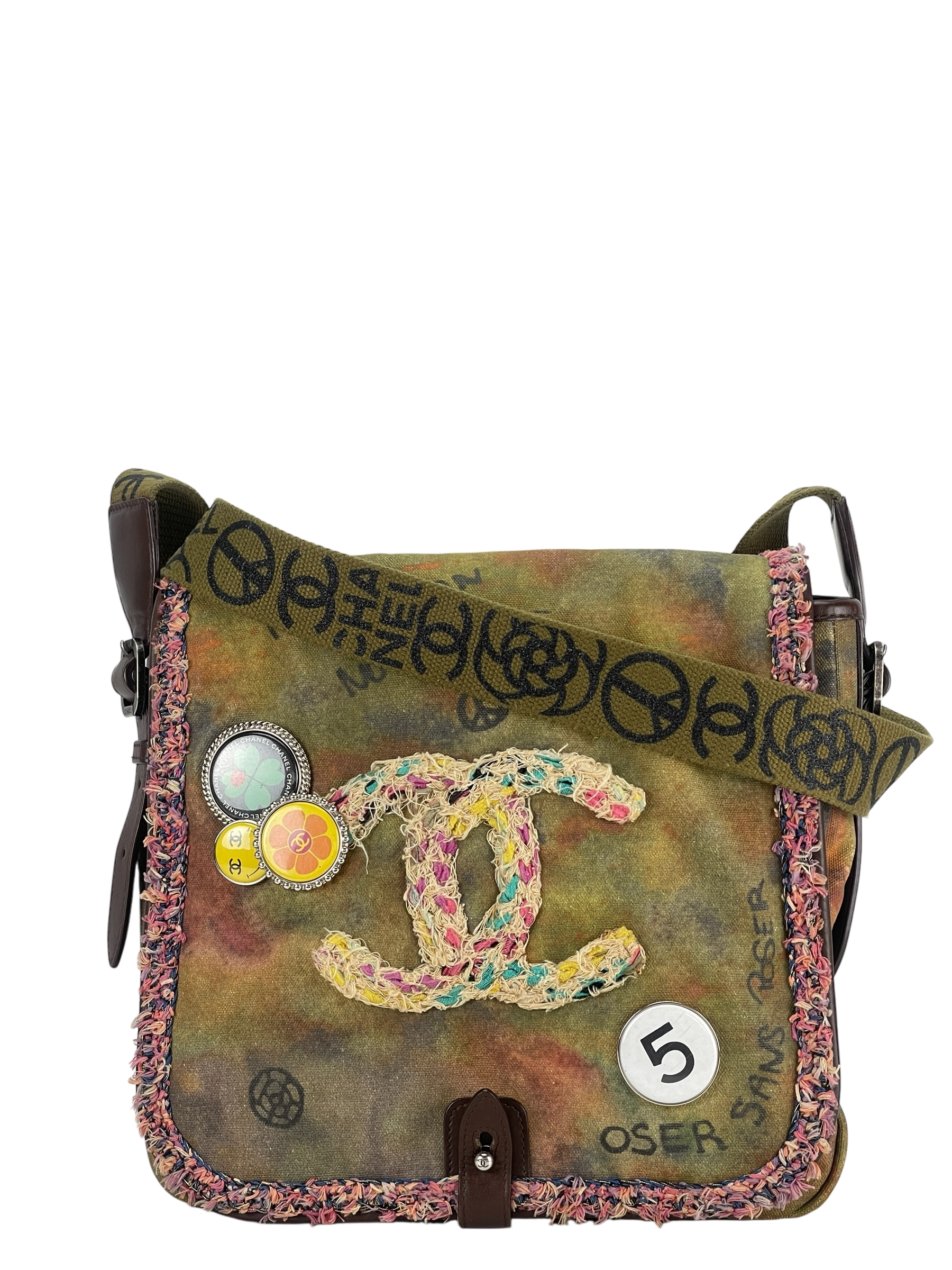 CHANEL - Khaki Green Canvas Graffiti On Messenger Bag Small