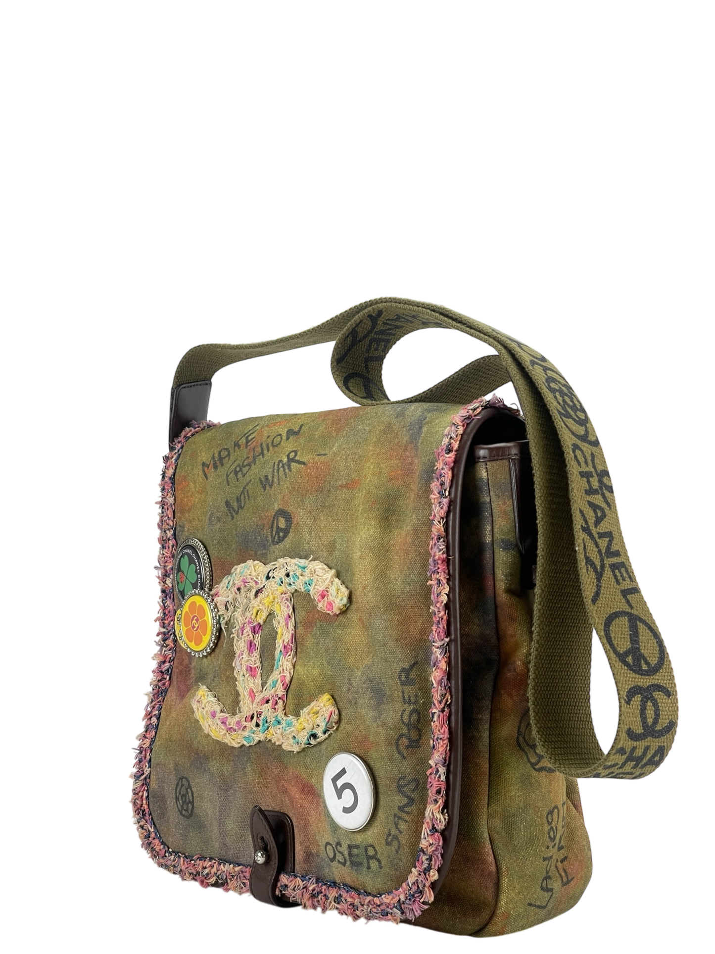 CHANEL - Khaki Green Canvas Graffiti On Messenger Bag Small