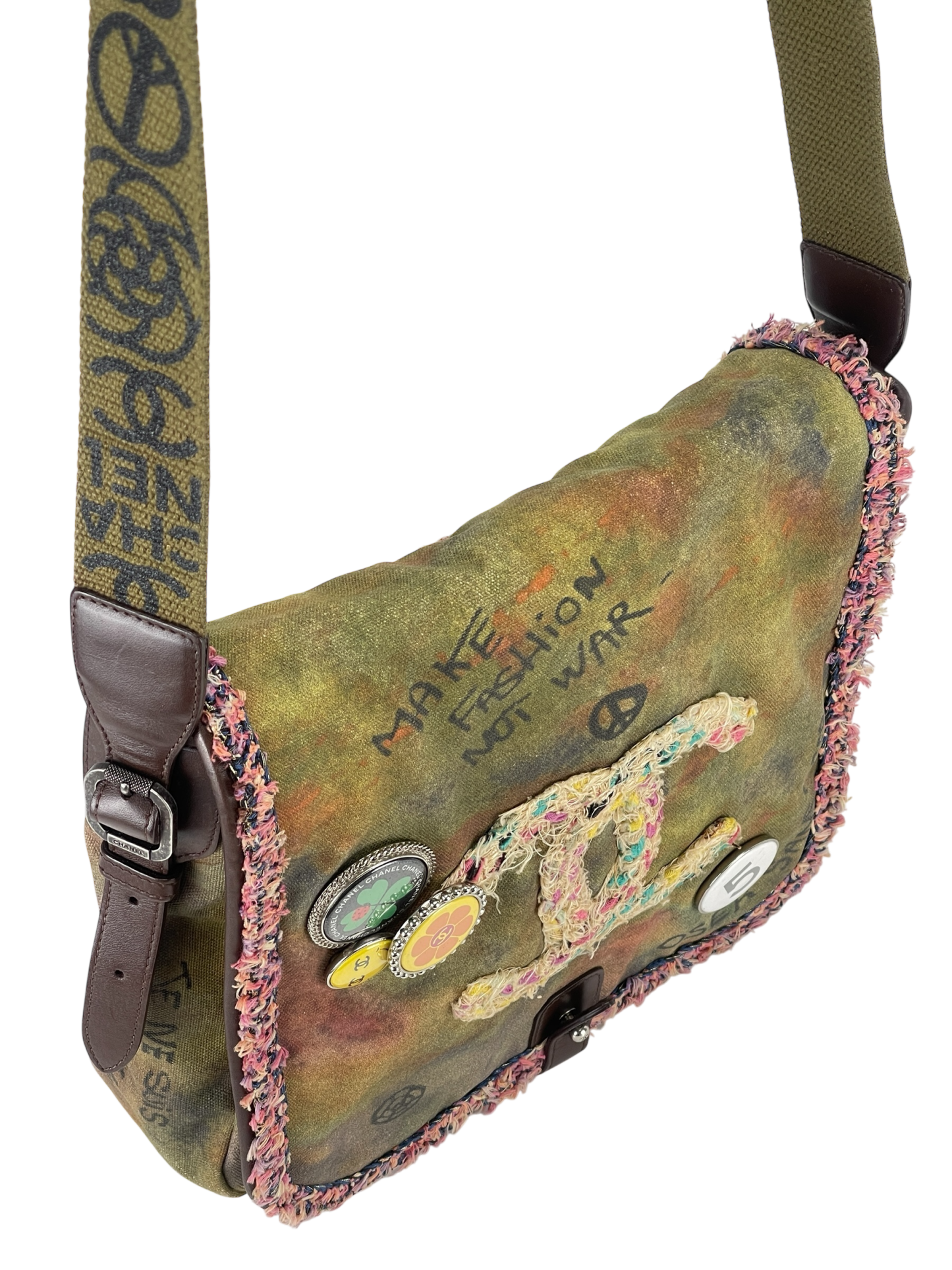 CHANEL - Khaki Green Canvas Graffiti On Messenger Bag Small