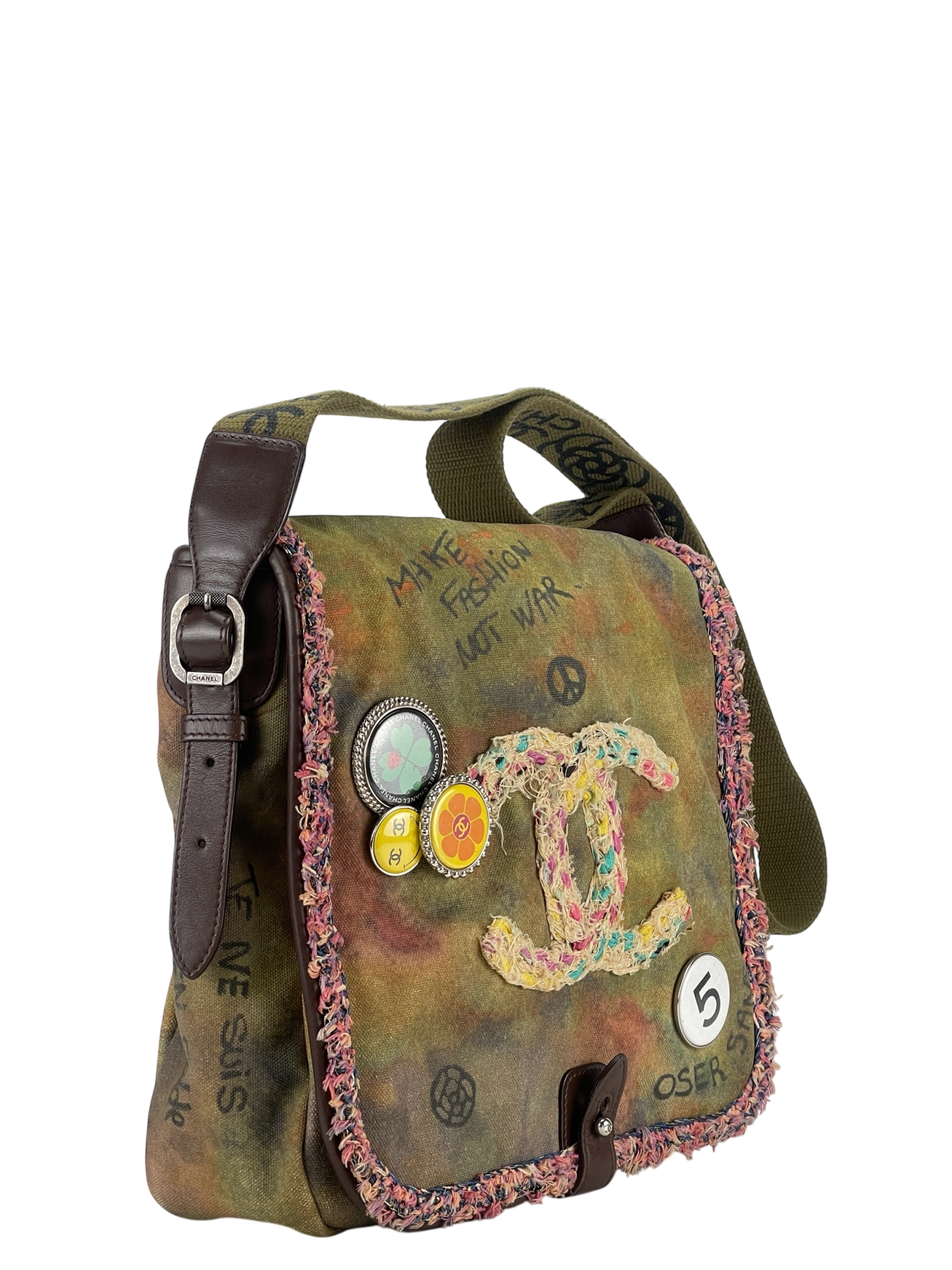 CHANEL - Khaki Green Canvas Graffiti On Messenger Bag Small