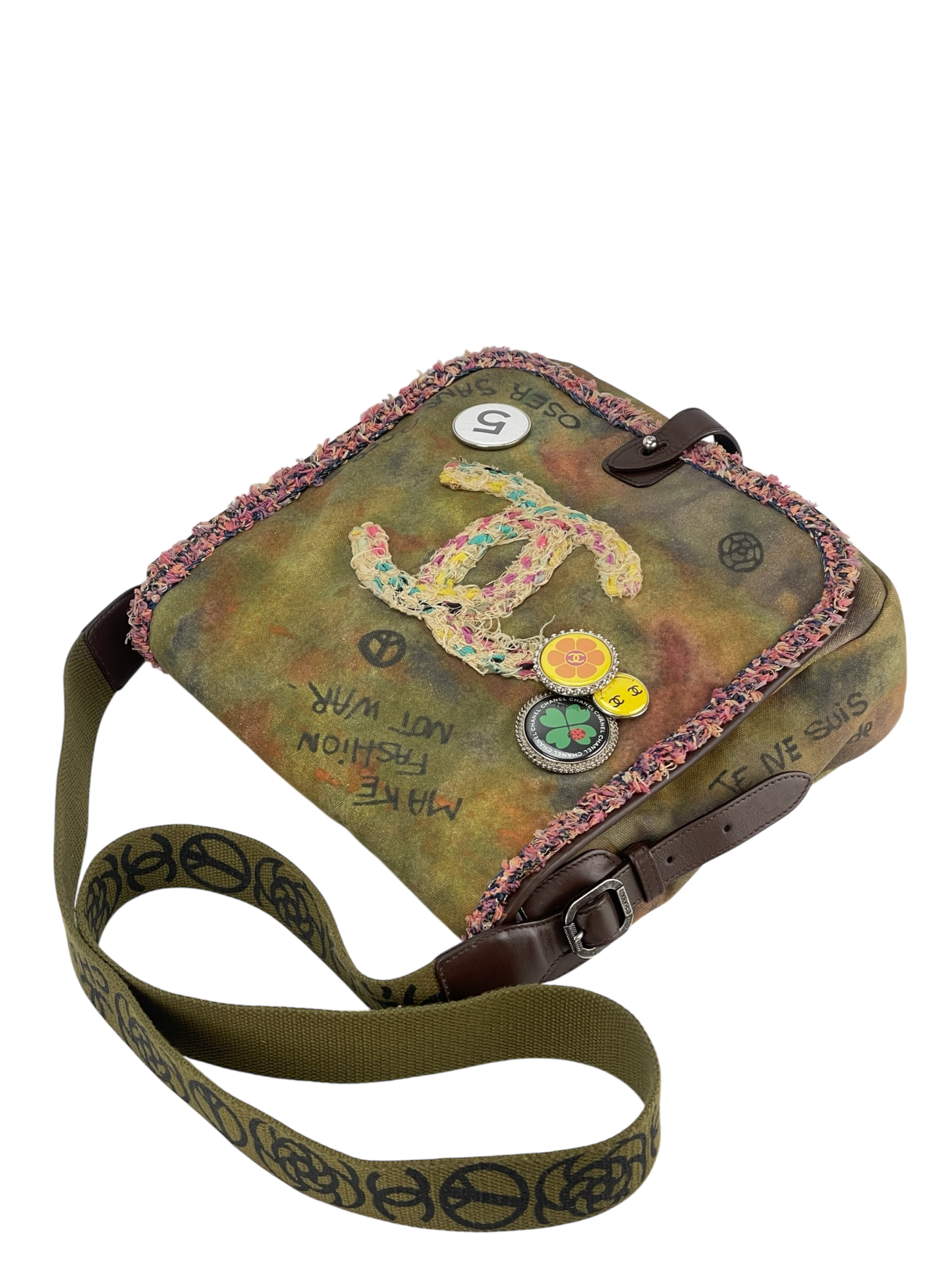 CHANEL - Khaki Green Canvas Graffiti On Messenger Bag Small