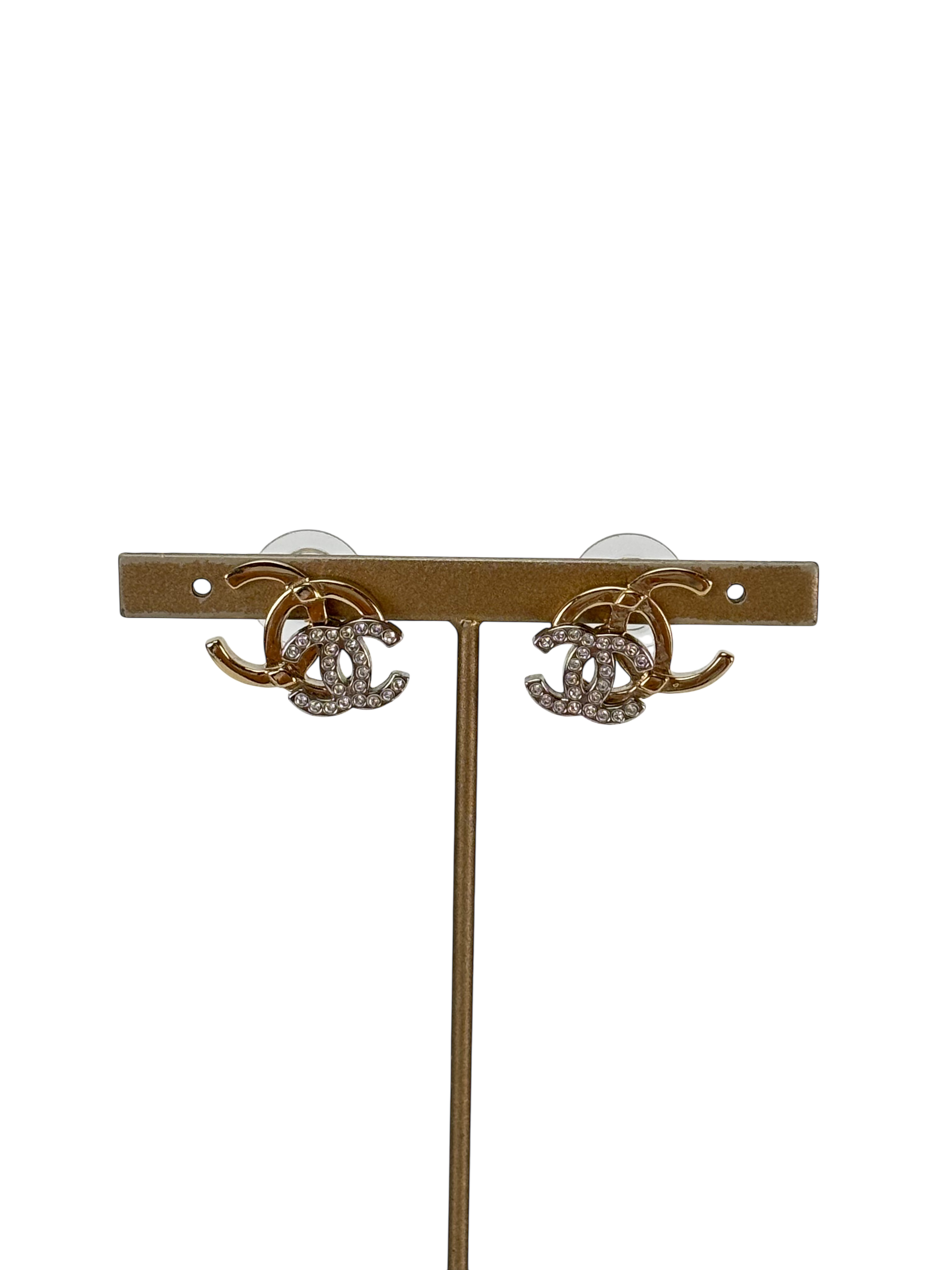 CHANEL - 21A Gold Silver Tone Rhinestone Earrings