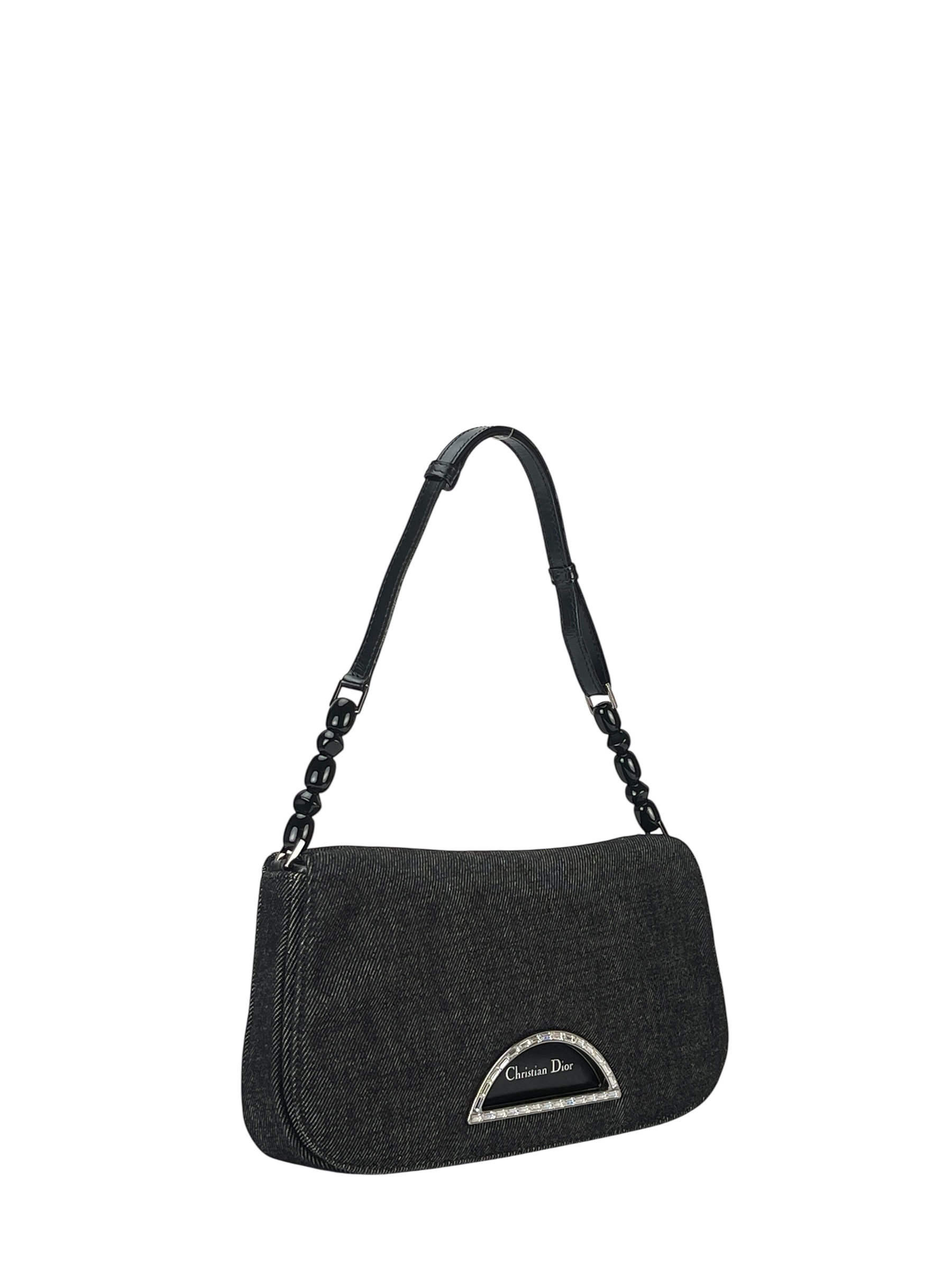 CHRISTIAN DIOR - Black Denim Maris Pearl Shoulder Bag
