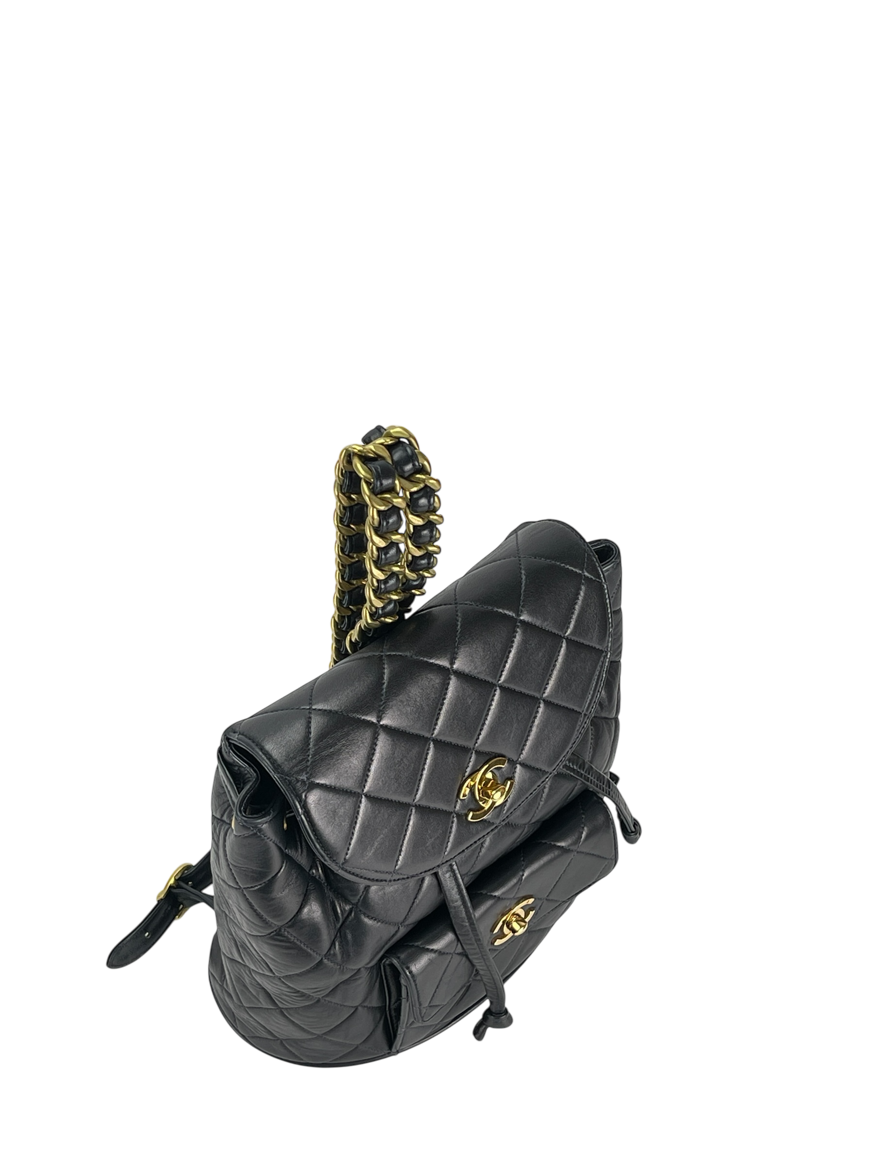 CHANEL - Blue Lambskin Matelasse Chain Backpack Gold Hardware