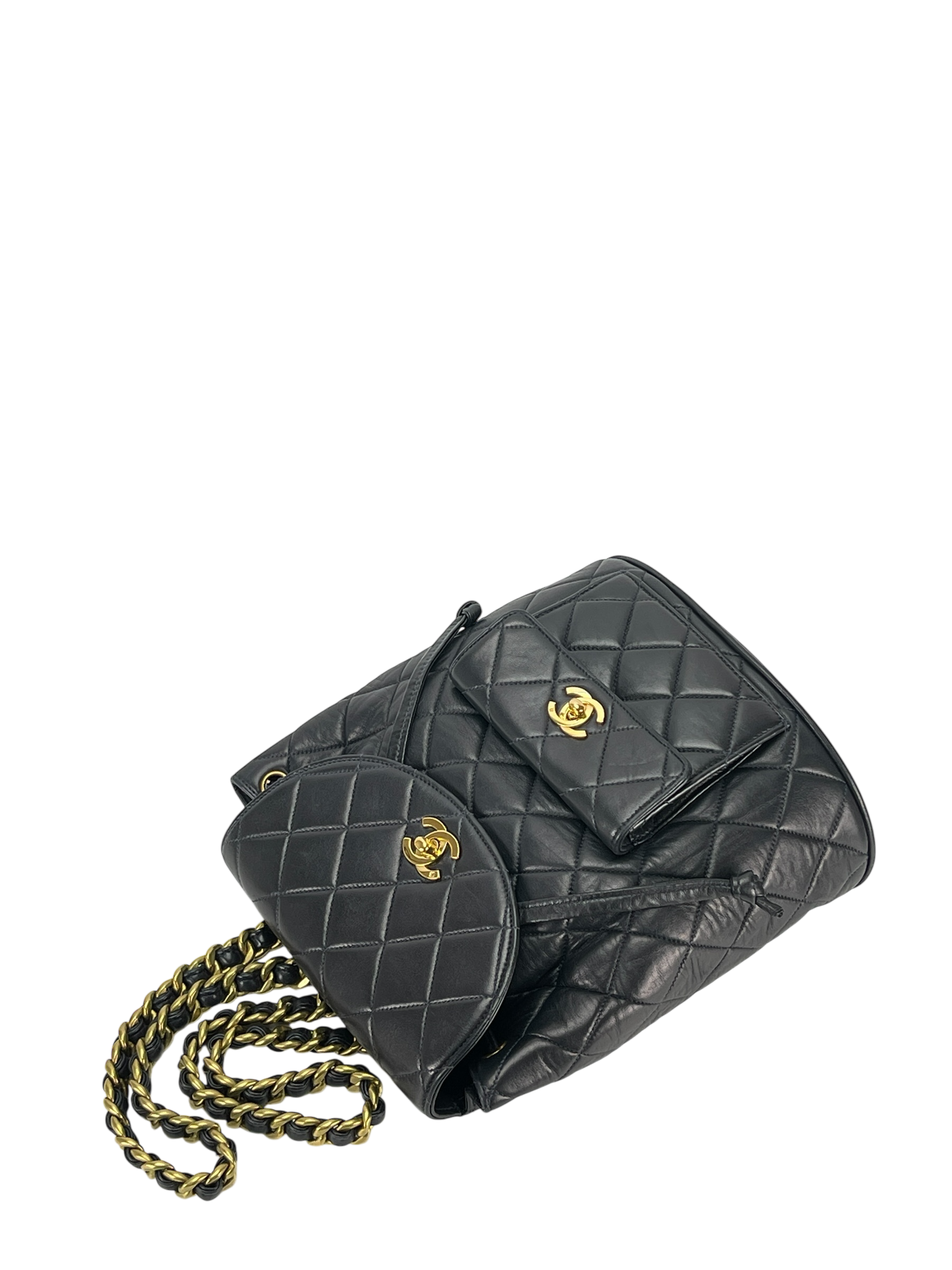 CHANEL - Blue Lambskin Matelasse Chain Backpack Gold Hardware