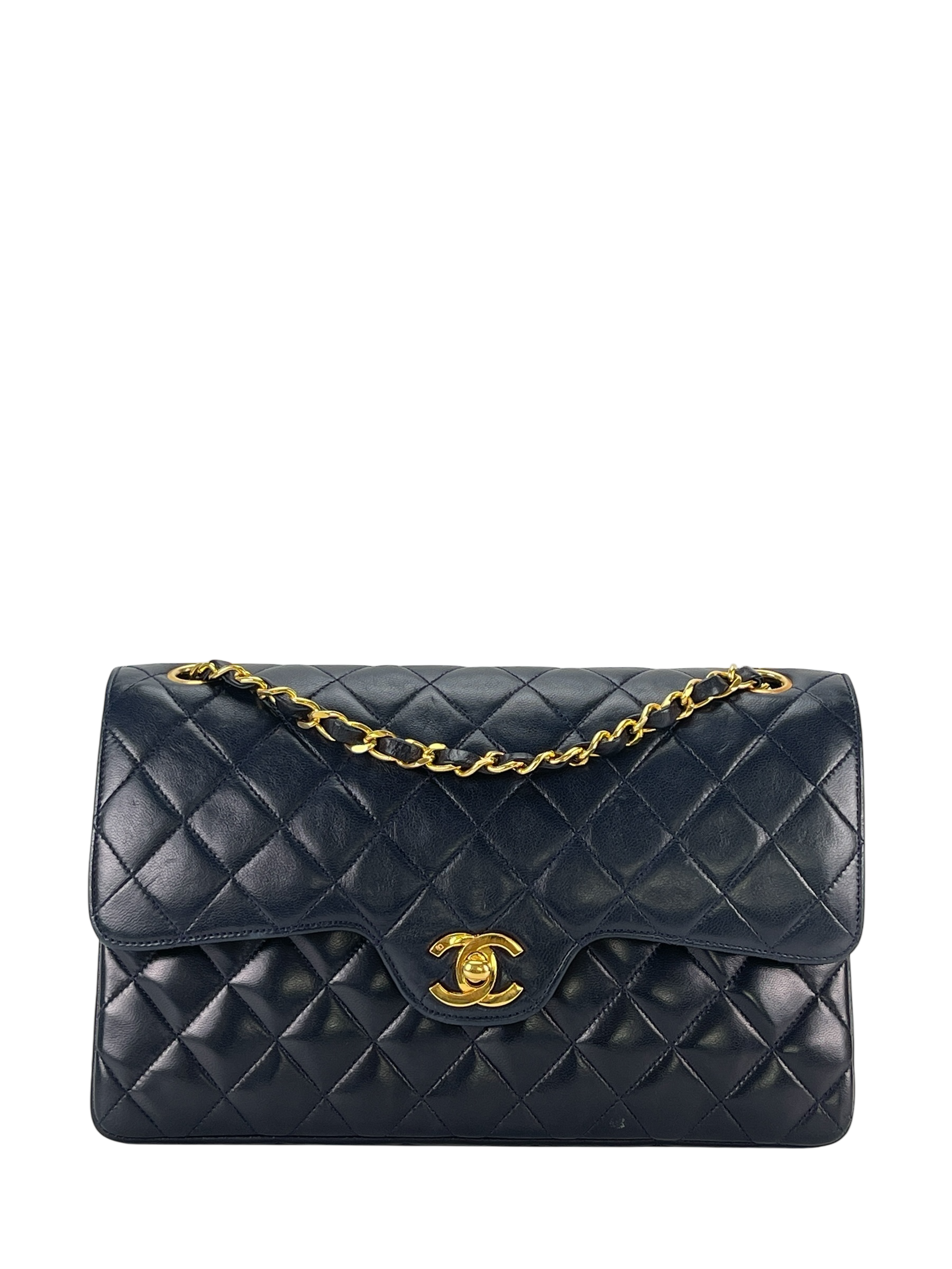 CHANEL - Navy Lambskin Matelasse Double Flap ChainShoulder Bag