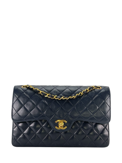 CHANEL - Navy Lambskin Matelasse Double Flap ChainShoulder Bag