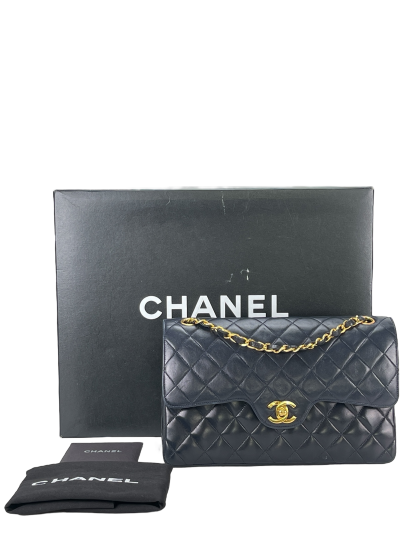 CHANEL - Navy Lambskin Matelasse Double Flap ChainShoulder Bag