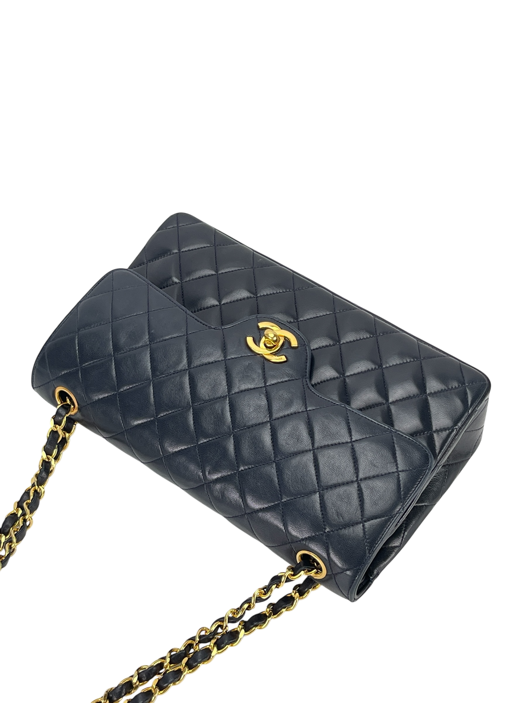 CHANEL - Navy Lambskin Matelasse Double Flap ChainShoulder Bag