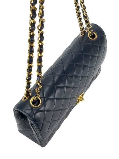 CHANEL - Navy Lambskin Matelasse Double Flap ChainShoulder Bag