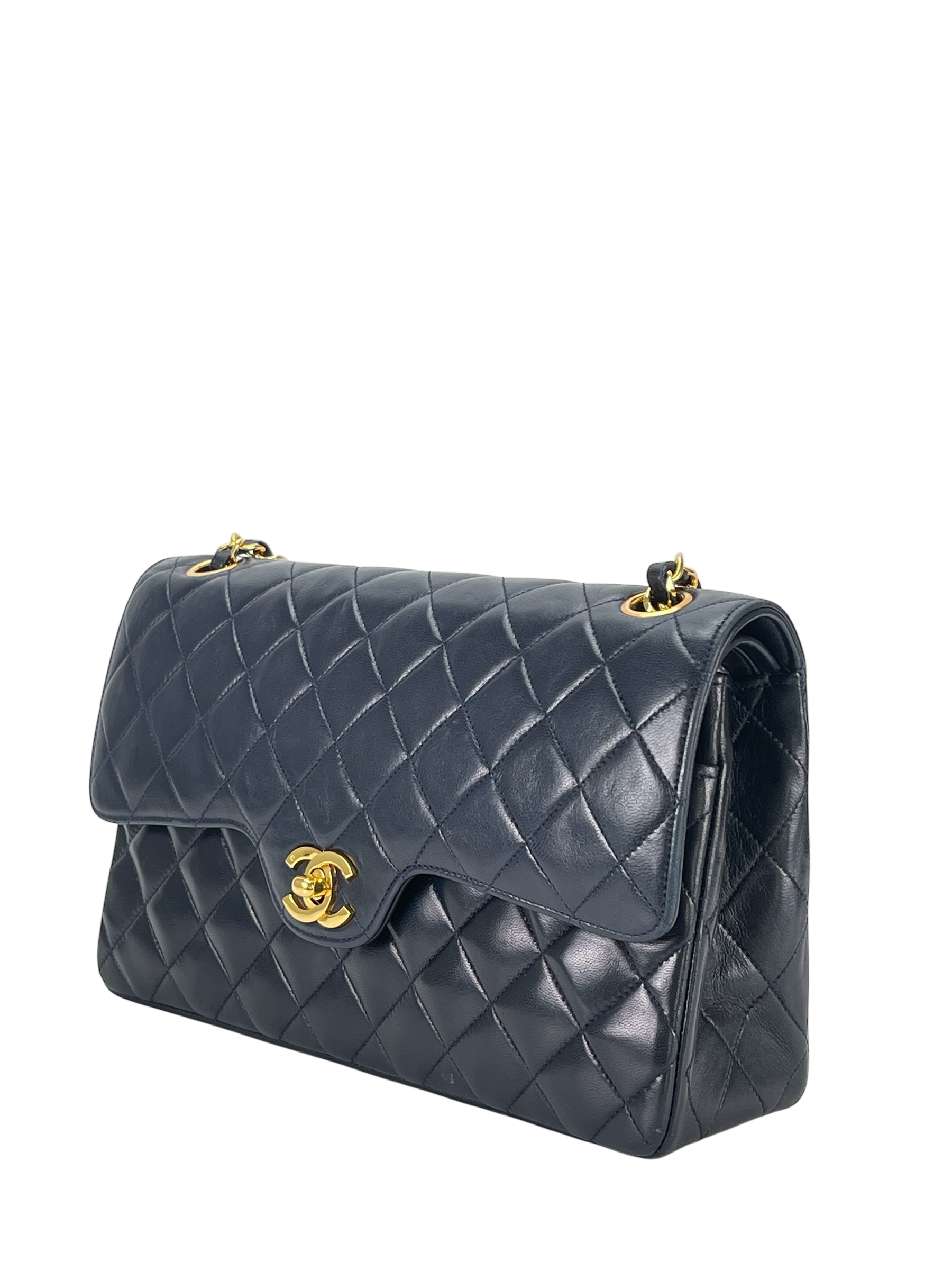 CHANEL - Navy Lambskin Matelasse Double Flap ChainShoulder Bag