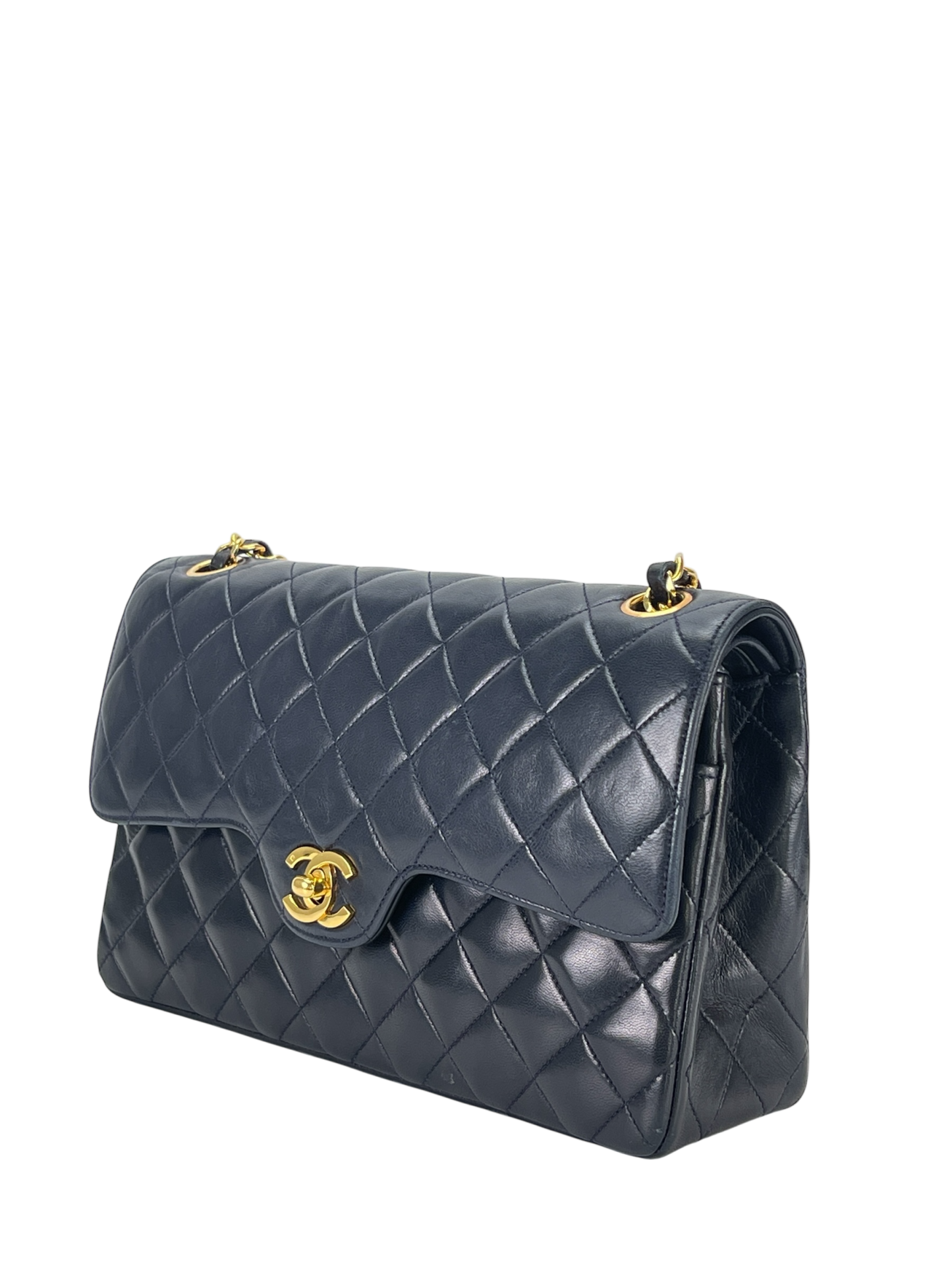 CHANEL - Navy Lambskin Matelasse Double Flap ChainShoulder Bag