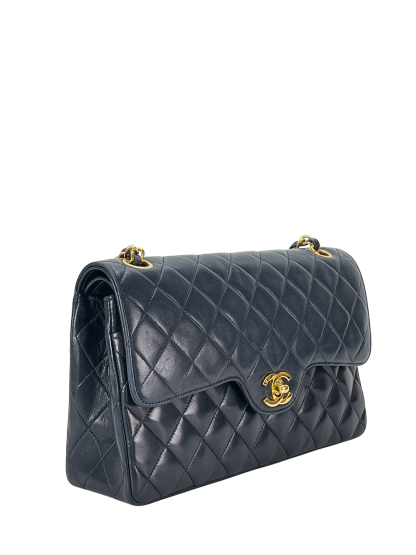 CHANEL - Navy Lambskin Matelasse Double Flap ChainShoulder Bag