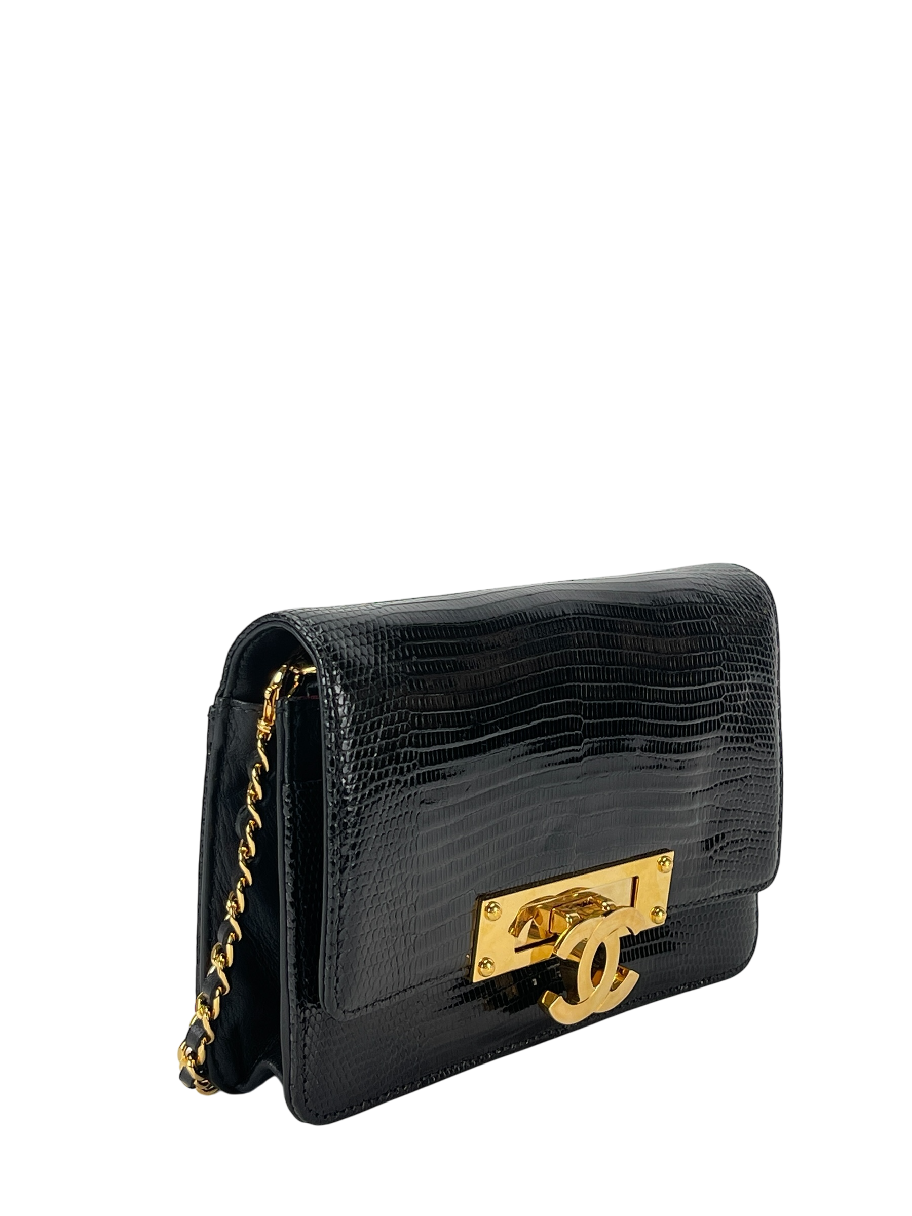 CHANEL - Black Lizard Golden Class Flap Wallet Shoulder Bag