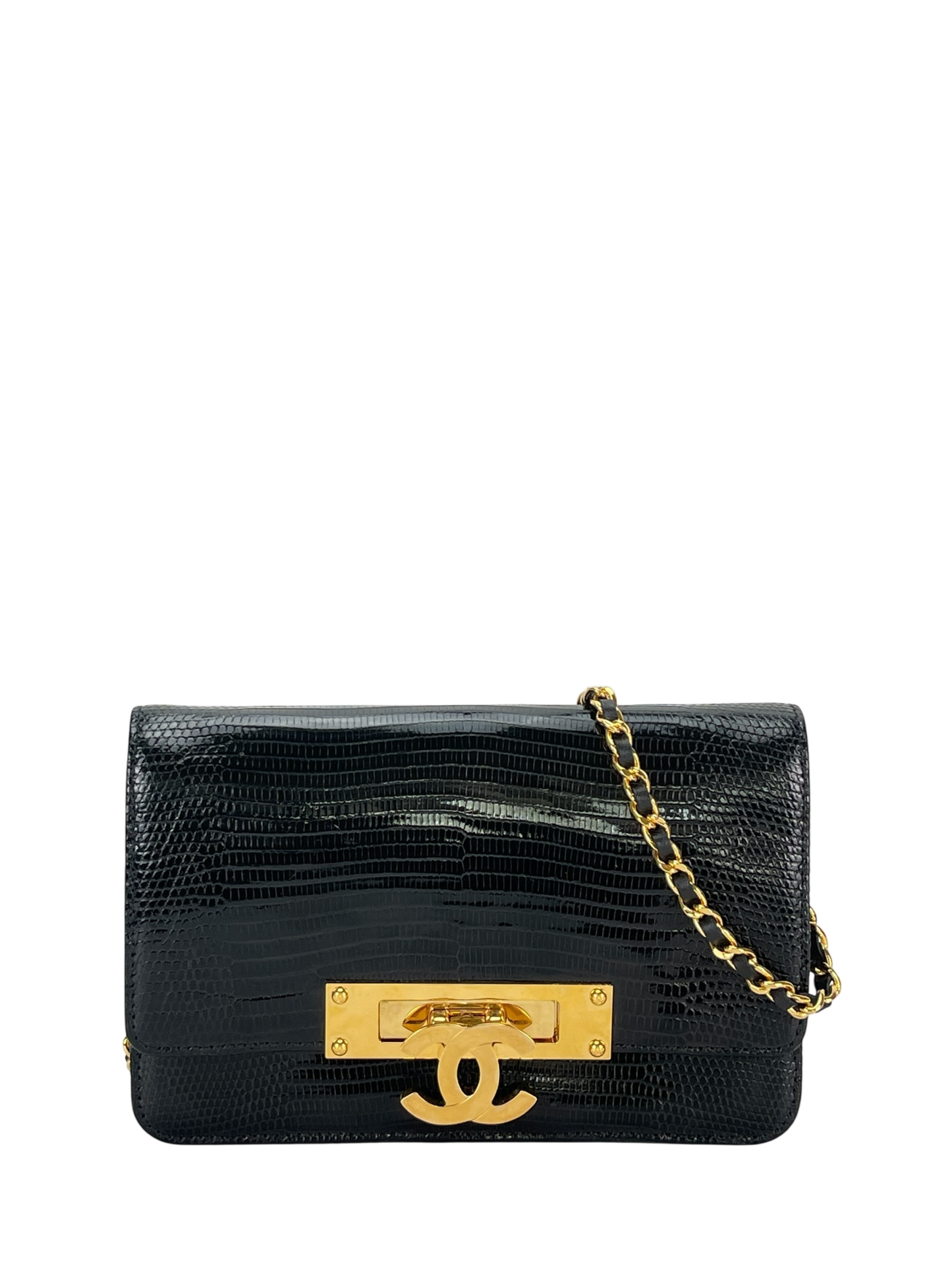CHANEL - Black Lizard Golden Class Flap Wallet Shoulder Bag