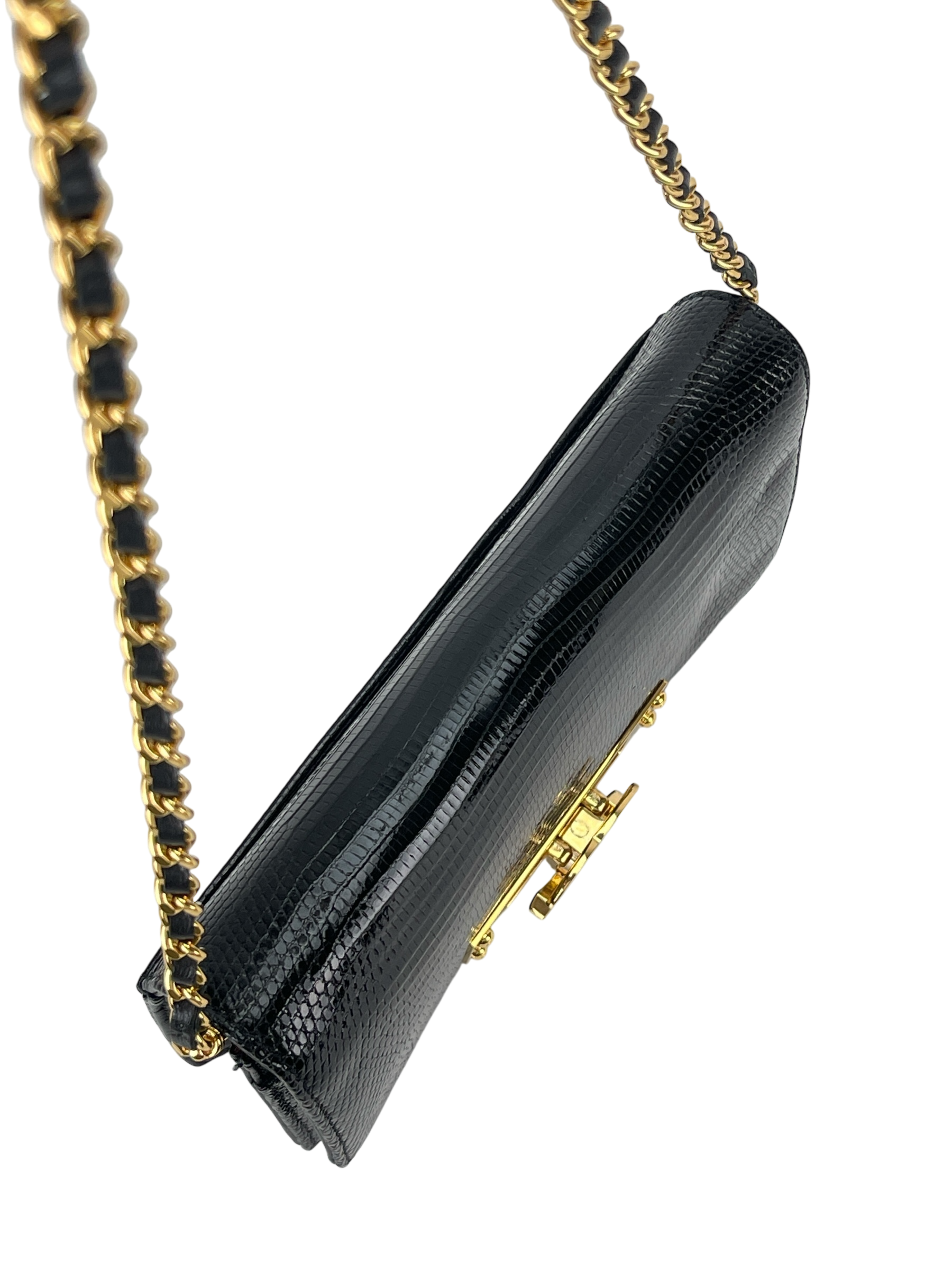 CHANEL - Black Lizard Golden Class Flap Wallet Shoulder Bag