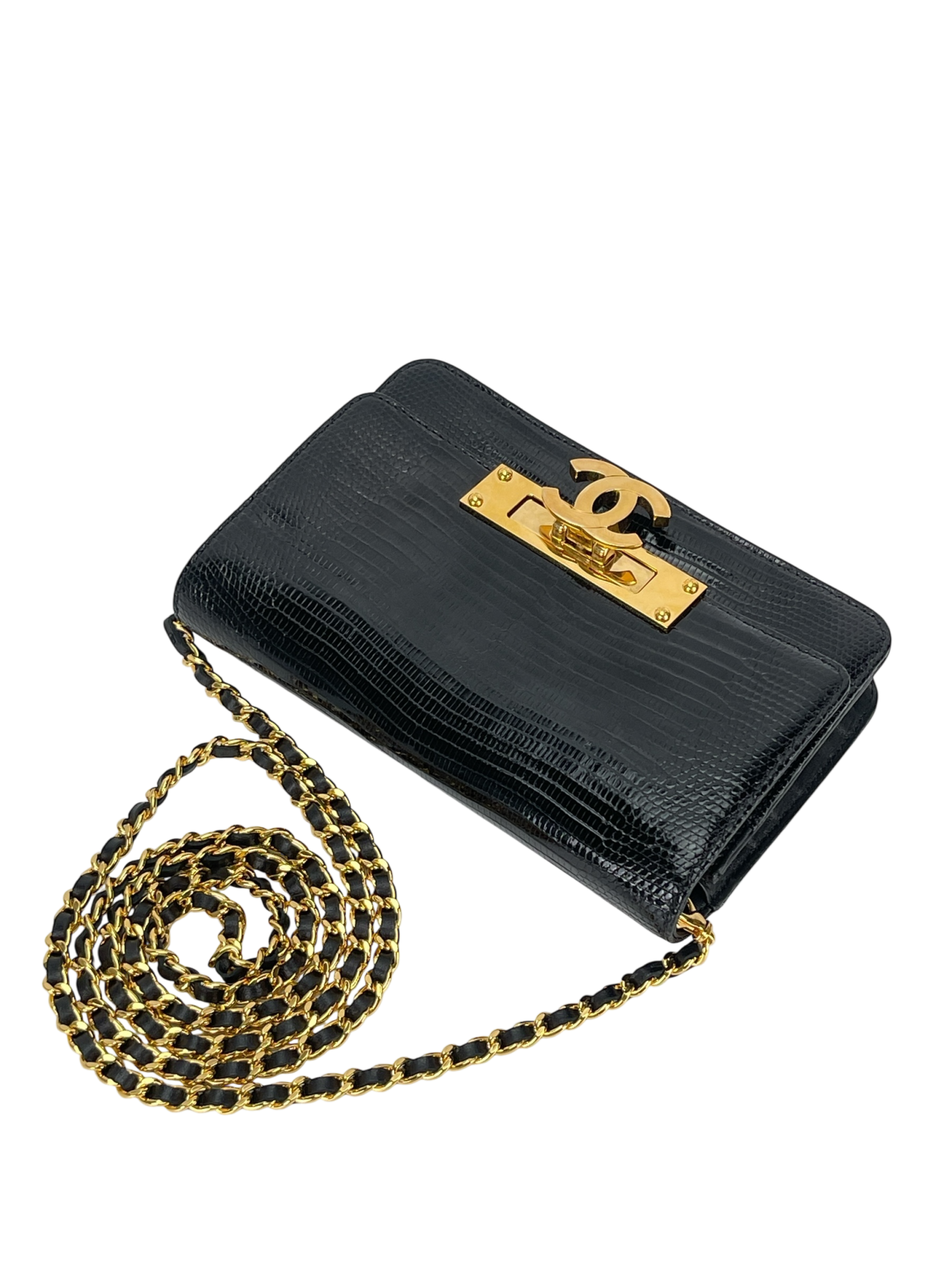 CHANEL - Black Lizard Golden Class Flap Wallet Shoulder Bag