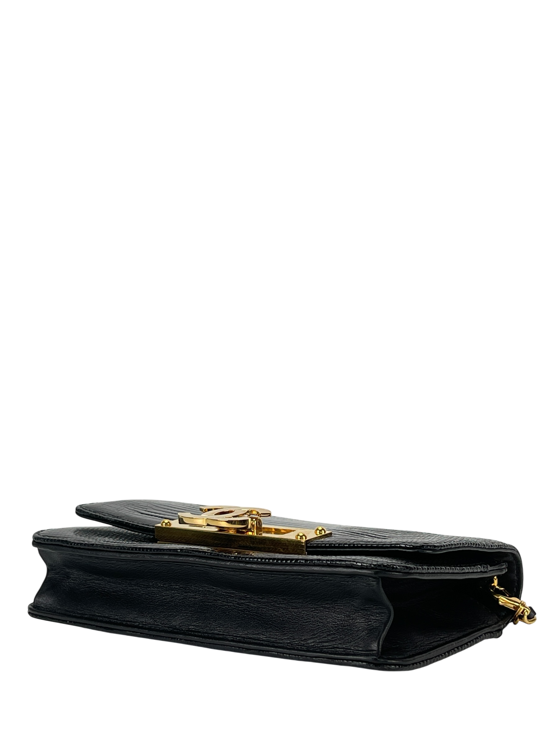 CHANEL - Black Lizard Golden Class Flap Wallet Shoulder Bag