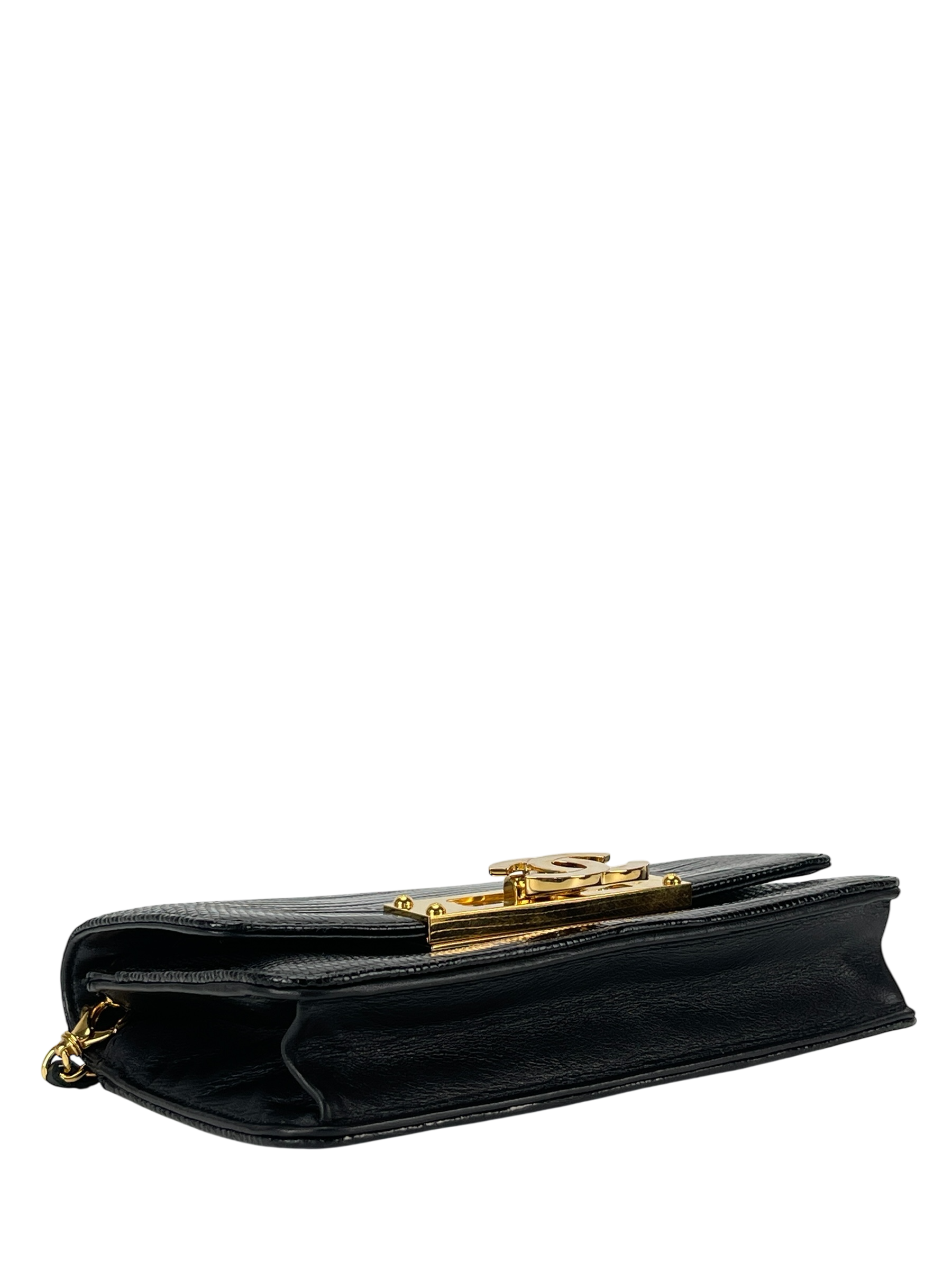 CHANEL - Black Lizard Golden Class Flap Wallet Shoulder Bag