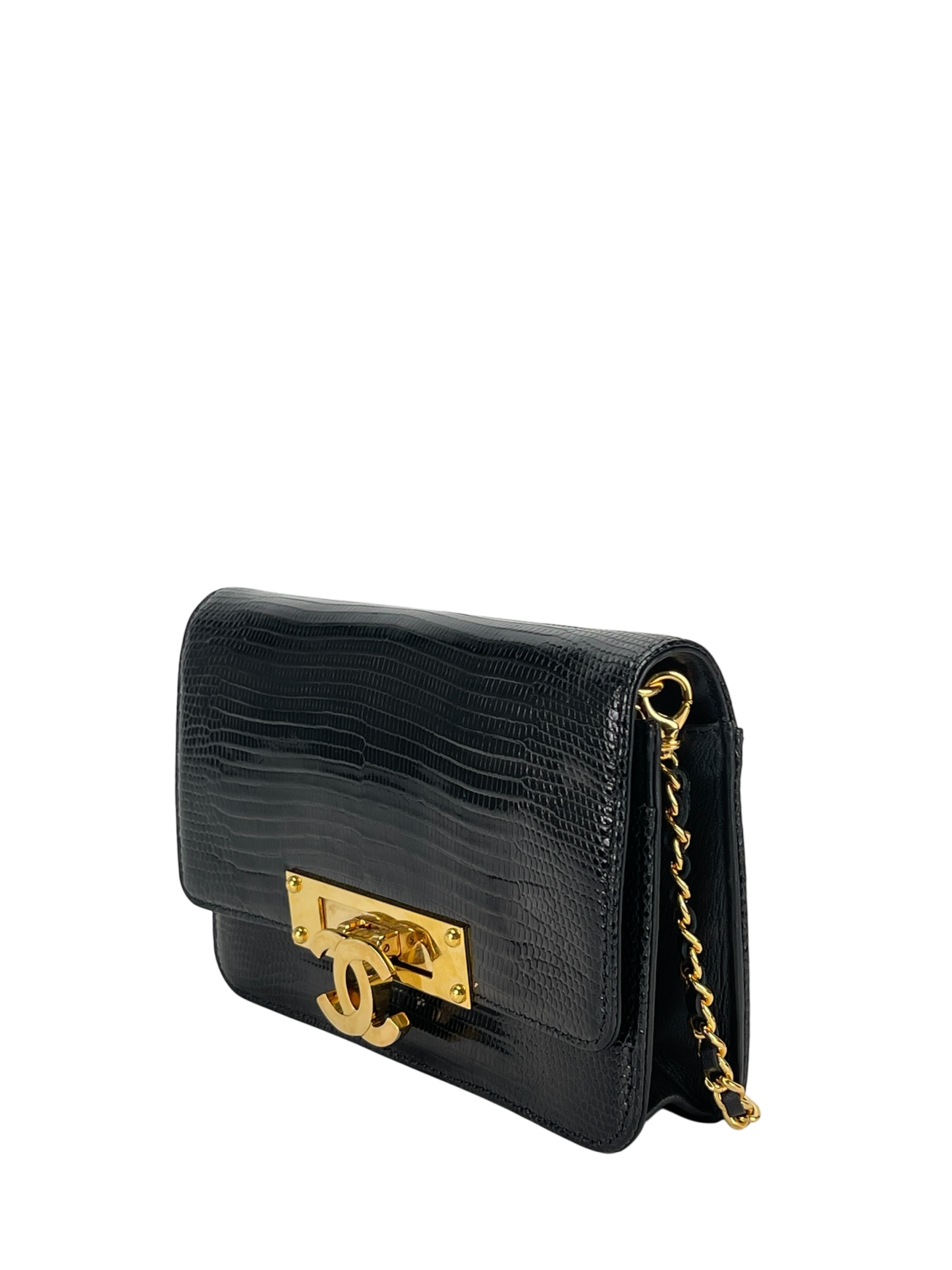 CHANEL - Black Lizard Golden Class Flap Wallet Shoulder Bag