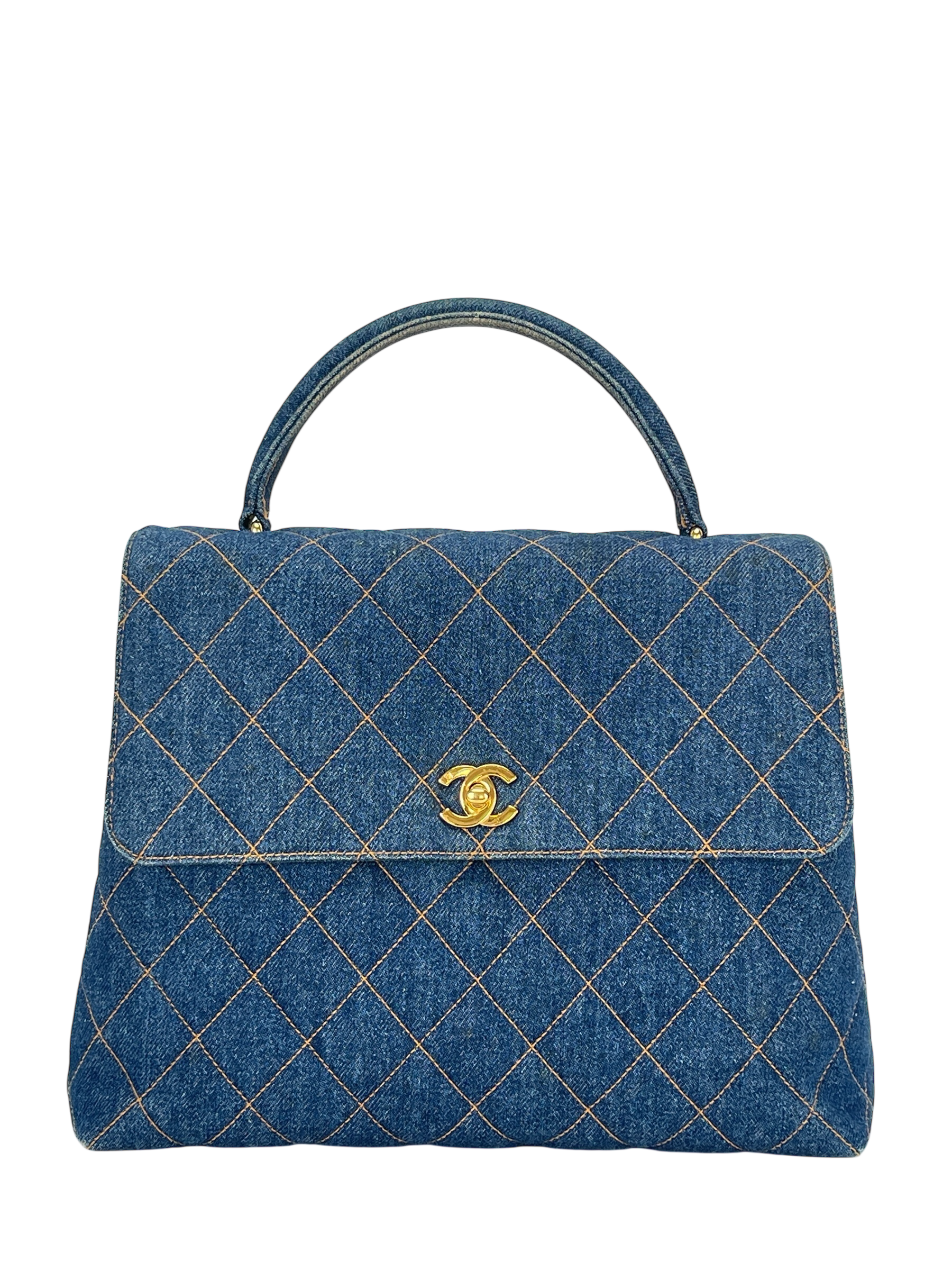 CHANEL - Blue Denim Kelly Coco Mark Matelasse Handle Handbag