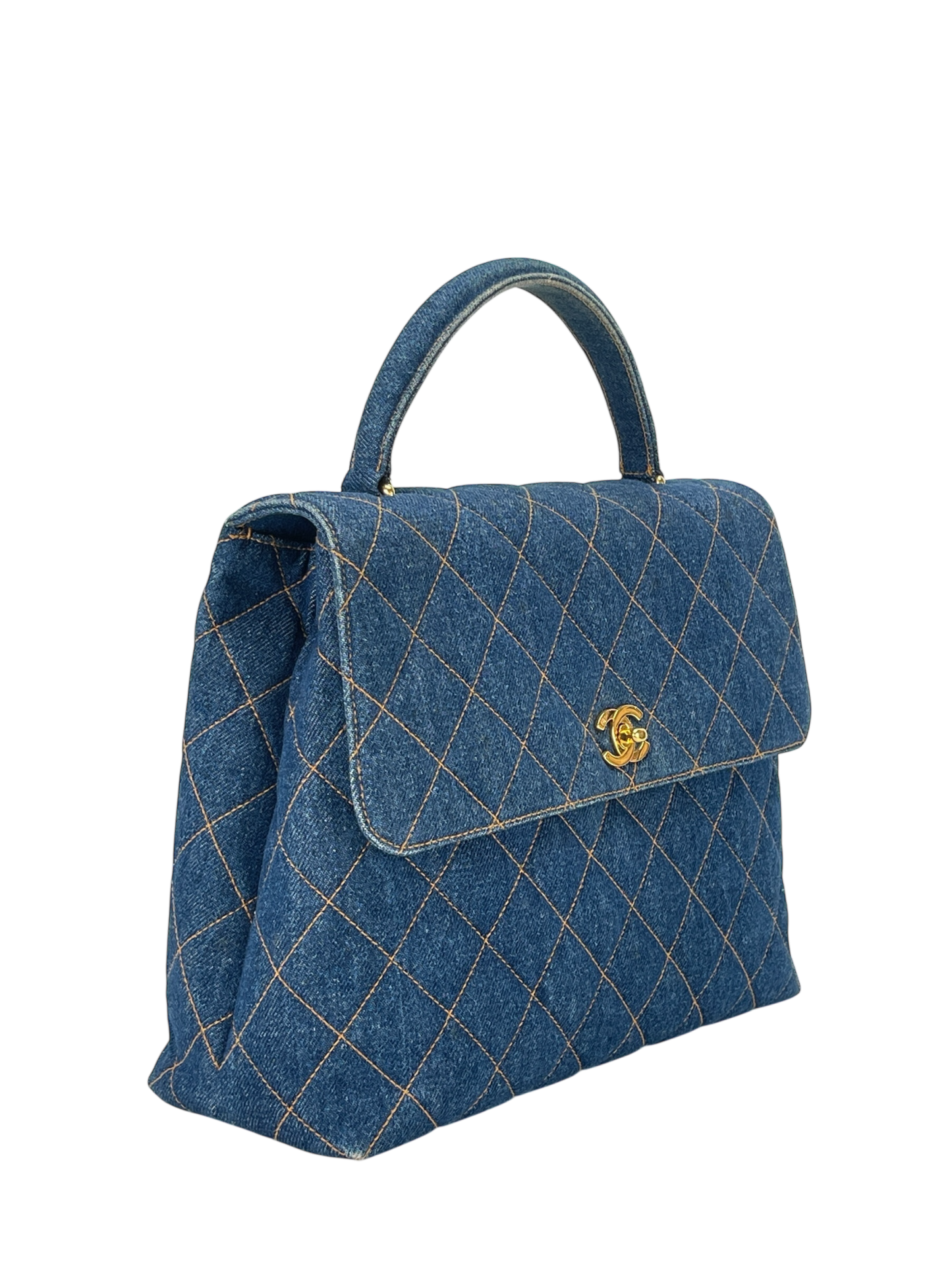 CHANEL - Blue Denim Kelly Coco Mark Matelasse Handle Handbag