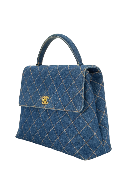 CHANEL - Blue Denim Kelly Coco Mark Matelasse Handle Handbag